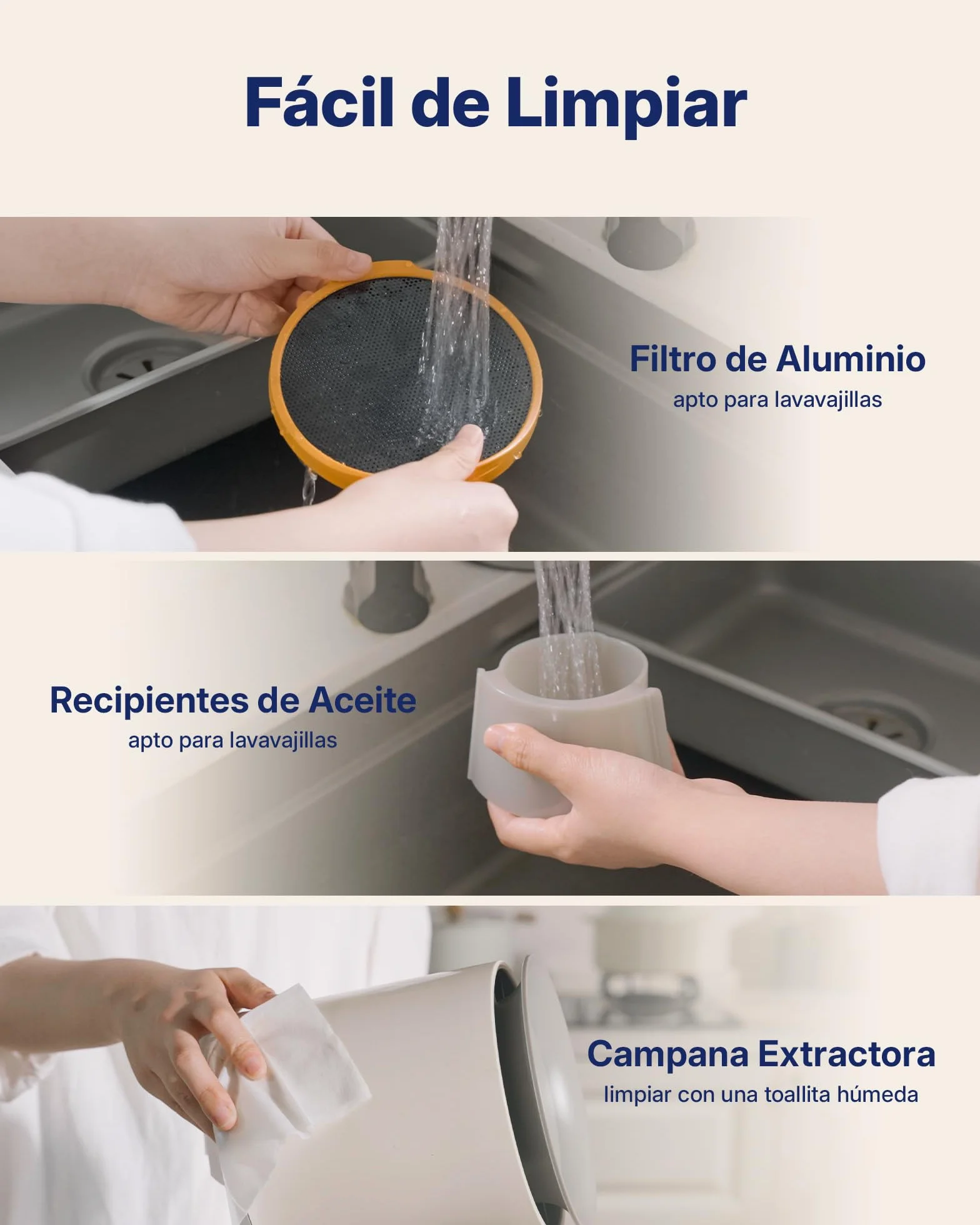Upstreman Campana Extractora Portátil de Mesa con 3 Velocidades, Bajo Ruido, Recipiente Grande para Aceite y Filtro de Carbón de Aluminio Extraíble, Beige