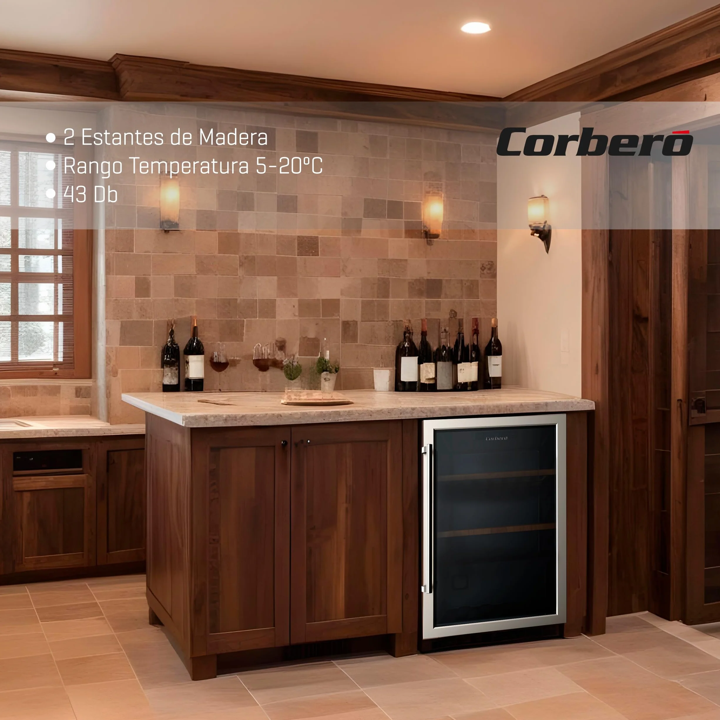 Corberó - Vinoteca CFKWC61SW | 126L | 61 Botellas | Puerta Cristal | Display LED | 2 Estantes Madera | Rango Temperatura 5-20ºC | Nevera para vinos | Negro