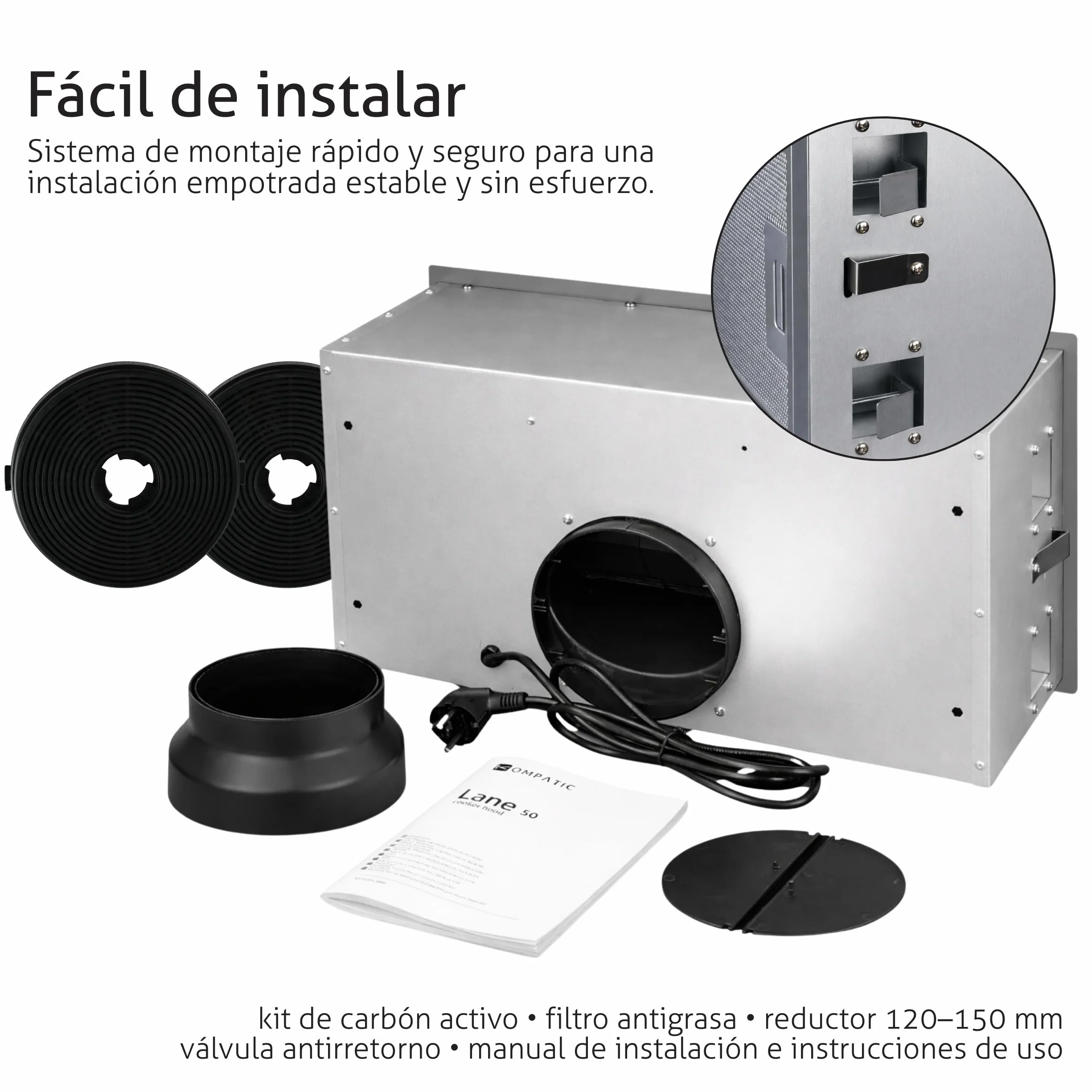 Lane 50 KLN50SI Campana Extractora Encastrable 50cm, A+++, 450 m³/h, Con Filtro de Carbón KCF4, Temporizador, Control electrónico, Iluminación LED, 3 velocidades + boost, Acero Inoxidable
