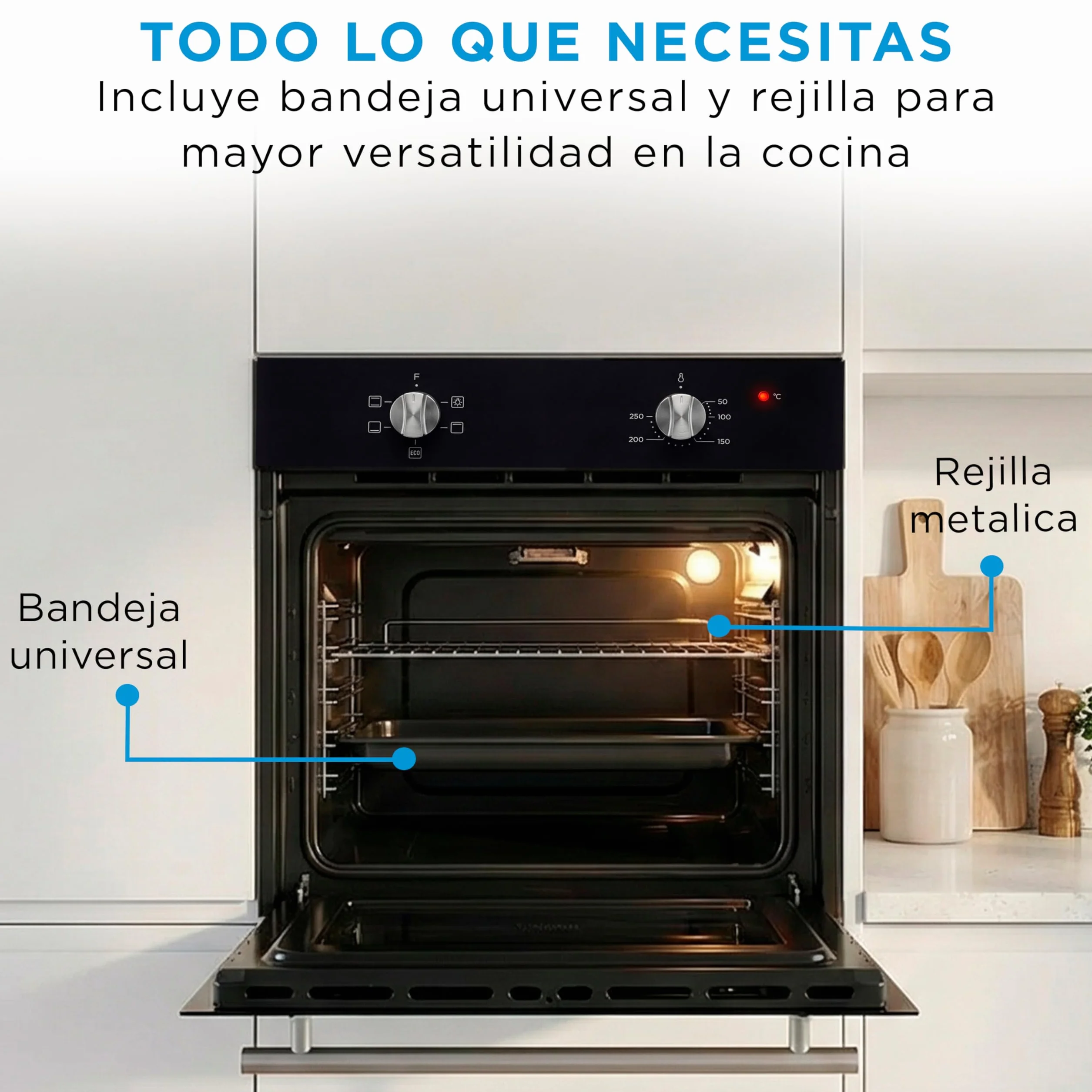 Midea Horno Electrico Empotrable Convencional de 70L y 2100W - Horno Integrable Negro con 4 funciones, Modo ECO - Hornos con Luz Led de Bajo Consumo, Puerta Doble Cristal, Bandeja Universal, y Rejilla