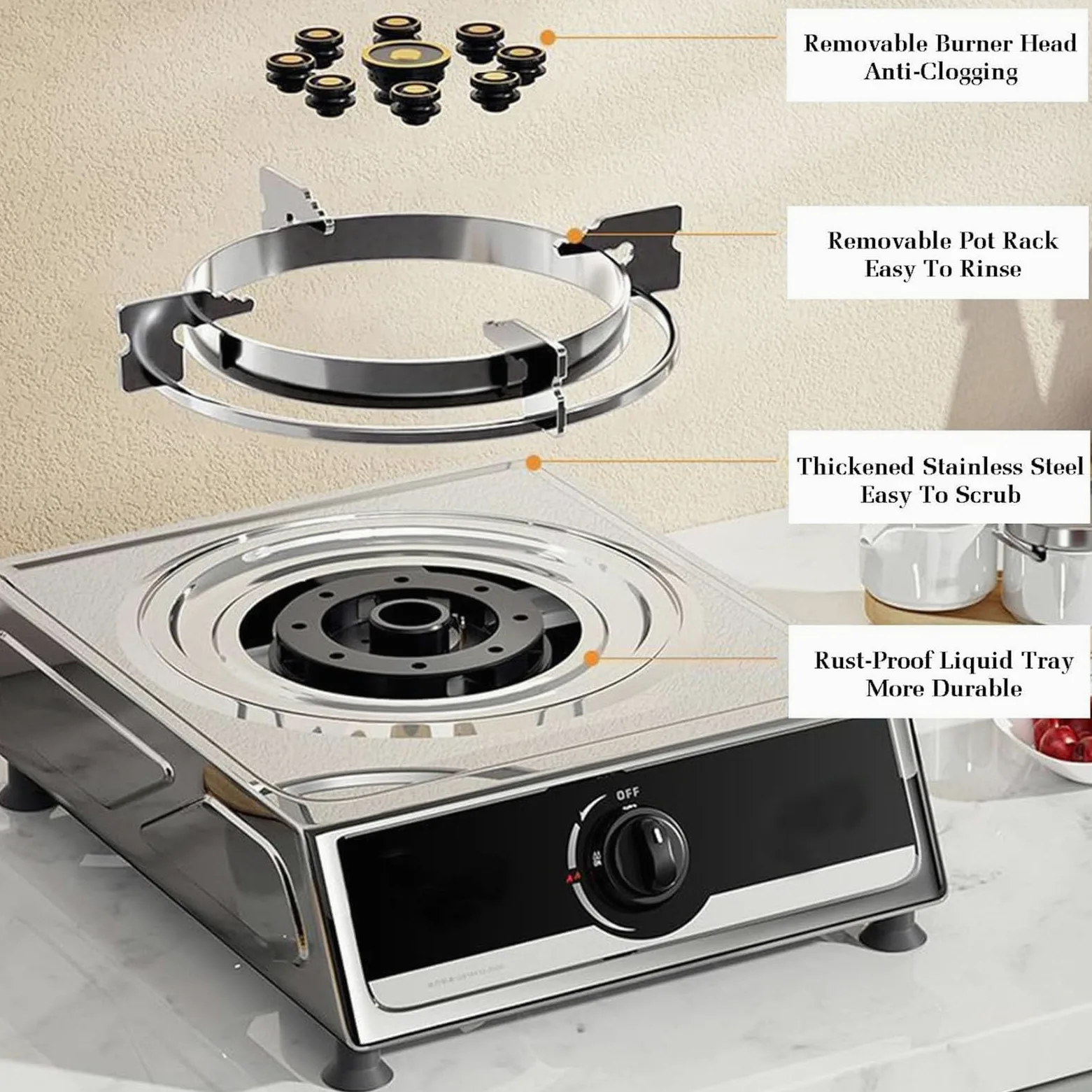 THEGA Cocina De Gas Un Solo Quemador, Estufa Conversión 5.0 KW, Reguladores Acero Inoxidable para Catering En Interiores, con Protección contra Llamas, para Cocinas Domésticas(NG)