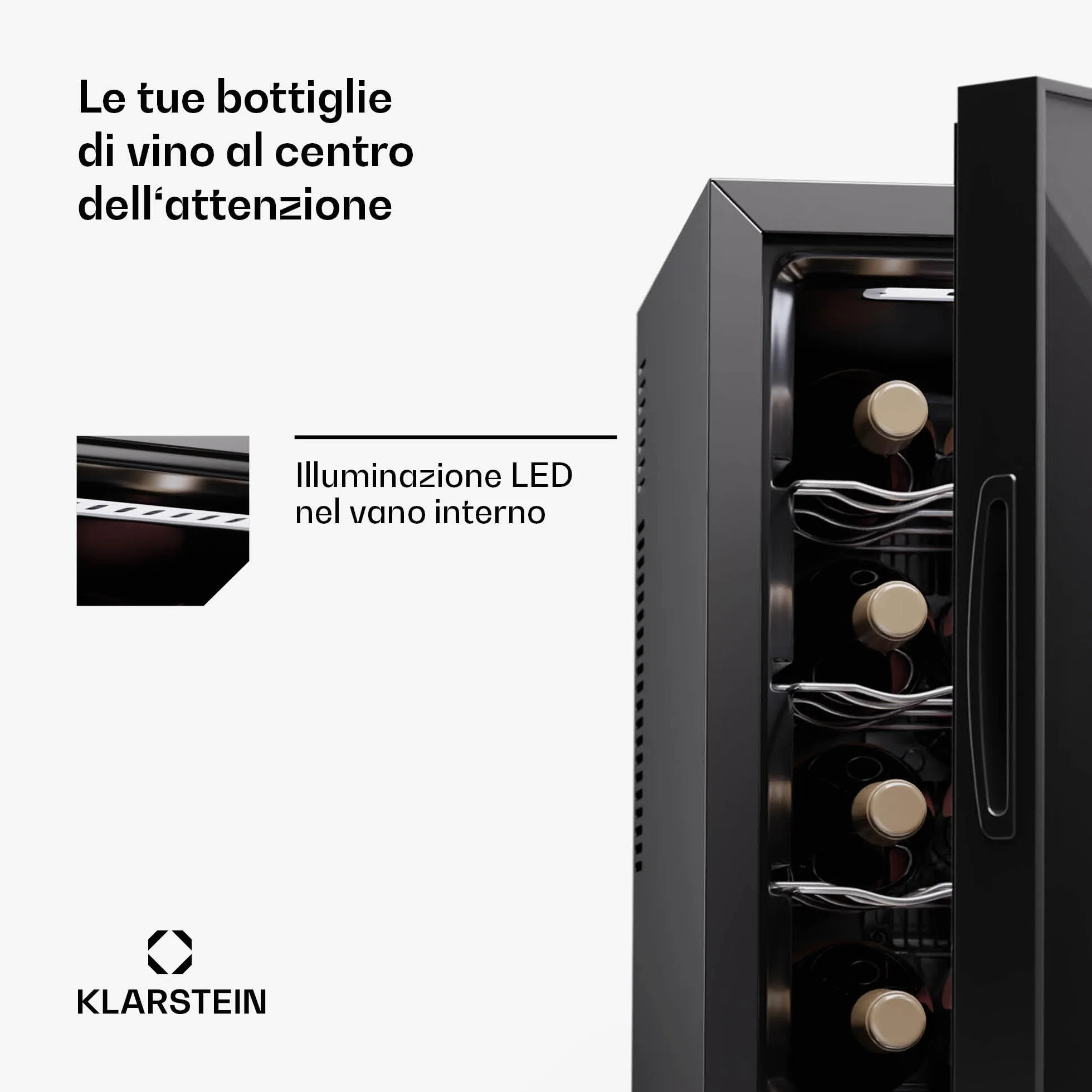 KLARSTEIN Nevera para vino independiente 1 zona, Nevera para bebidas pequeña, Nevera para vino pequeña, con puerta de cristal, Nevera para botellas interior/exterior, 12 botellas