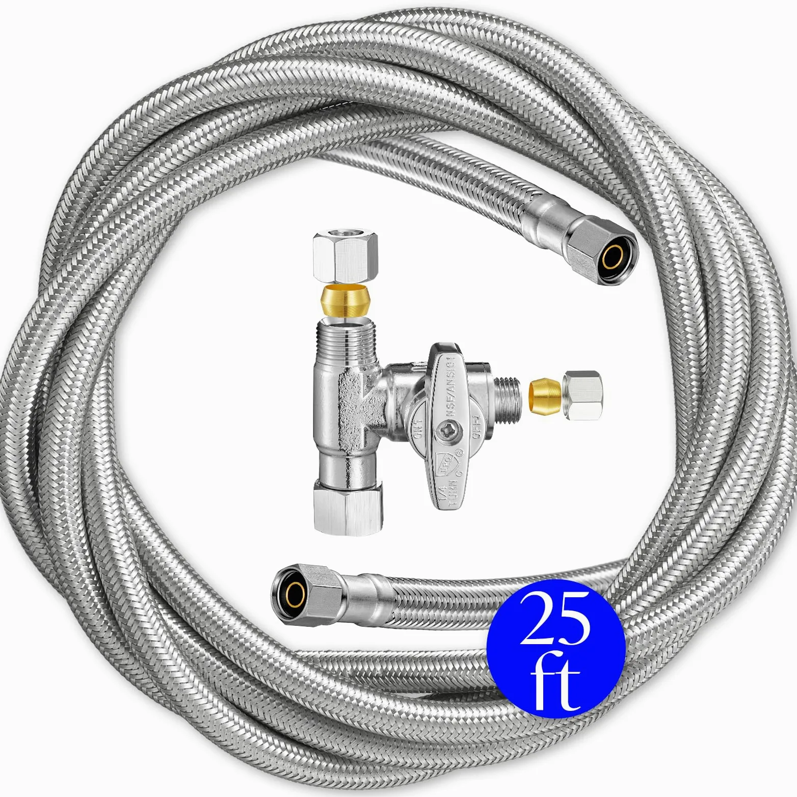 Kit de línea de agua para máquina de hielo para refrigerador, línea de agua trenzada de acero inoxidable de 25 pies con accesorios de compresión de 1/4 pulgadas, núcleo de tubo Pex y divisor de agua