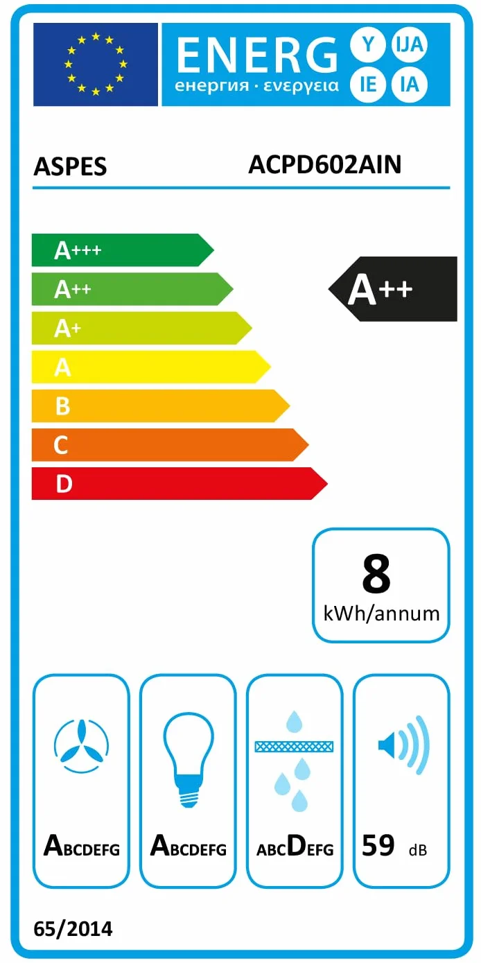 Aspes Campana Extractora Inclinada 60cm Cristal Negro ACPD602AIN 41,5m3/h Tiro Doble 3 Velocidades Control Táctil