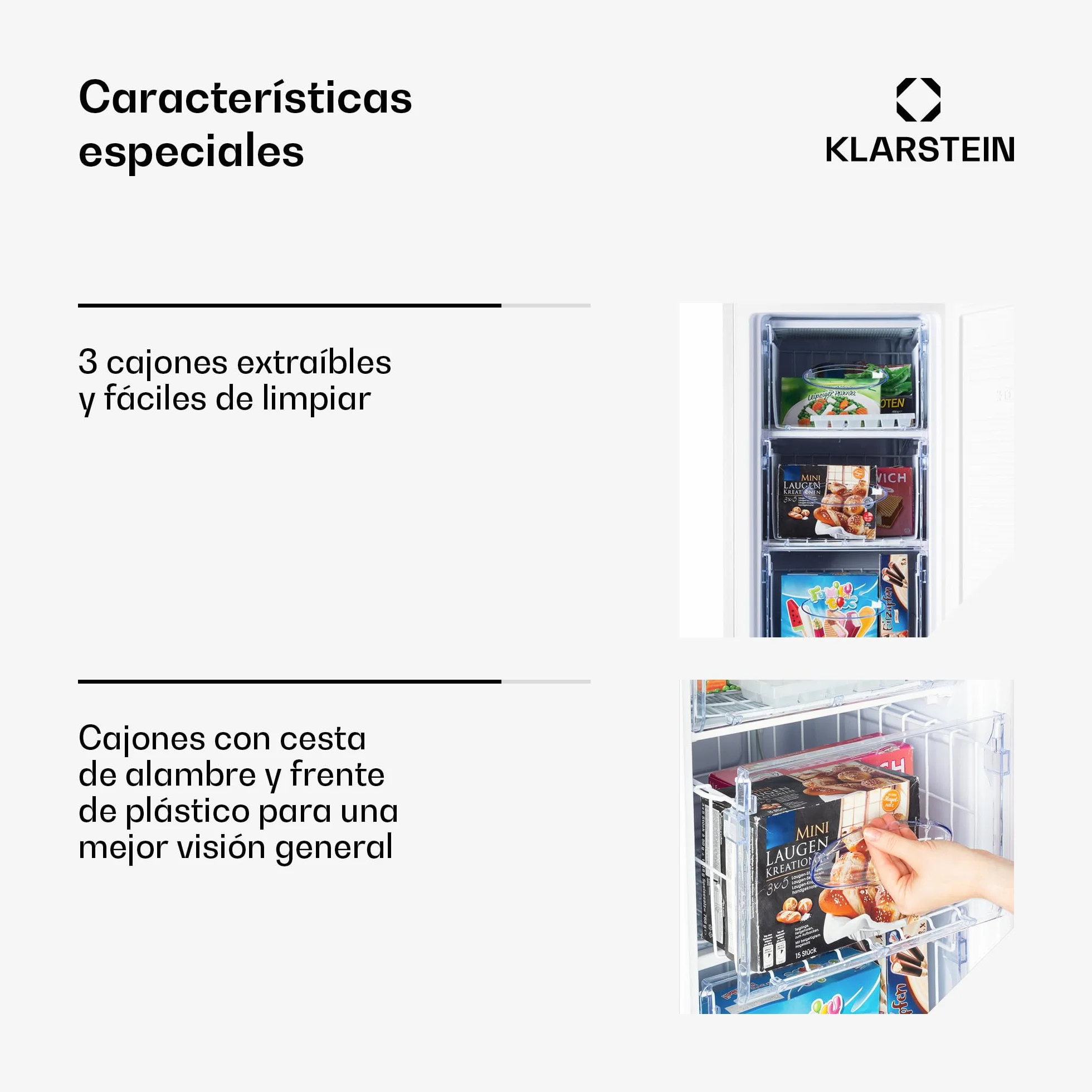 Klarstein Laika - Congelador, Termostato con 5 niveles, Temperaturas de -24 a -15 °C, 3 cajones extraíbles, CEE E, Capacidad de 60 L, Crema