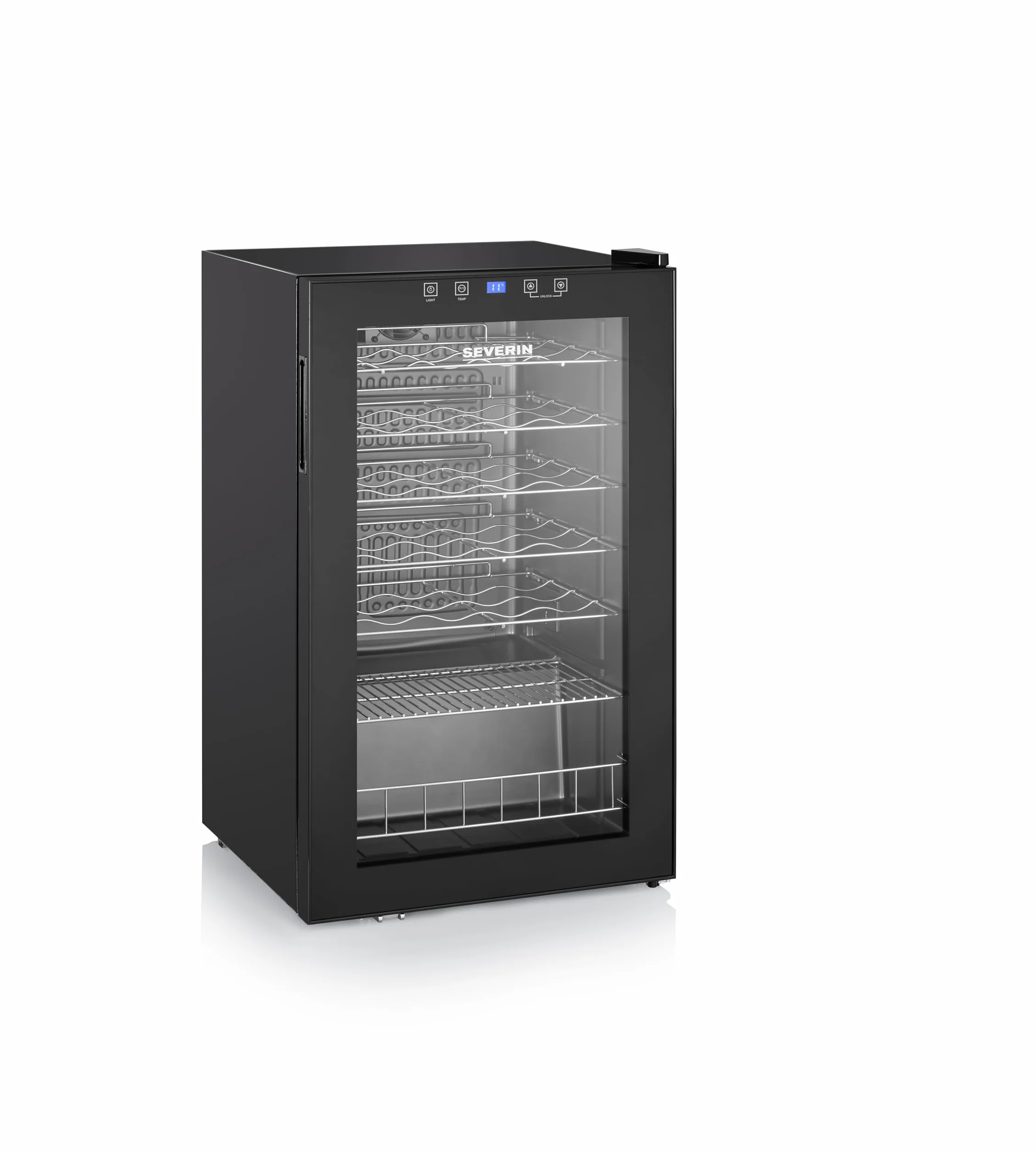 SEVERIN WKS 8908 Vinoteca para 33 Botellas, 95 L, Temperatura: 5° y 18°C, Nivel de Ruido 43 dB(A), Puerta de Cristal y Marco de Plástico y 6 Estantes cromados, 5 de Ellos Regulables en Altura, Negro