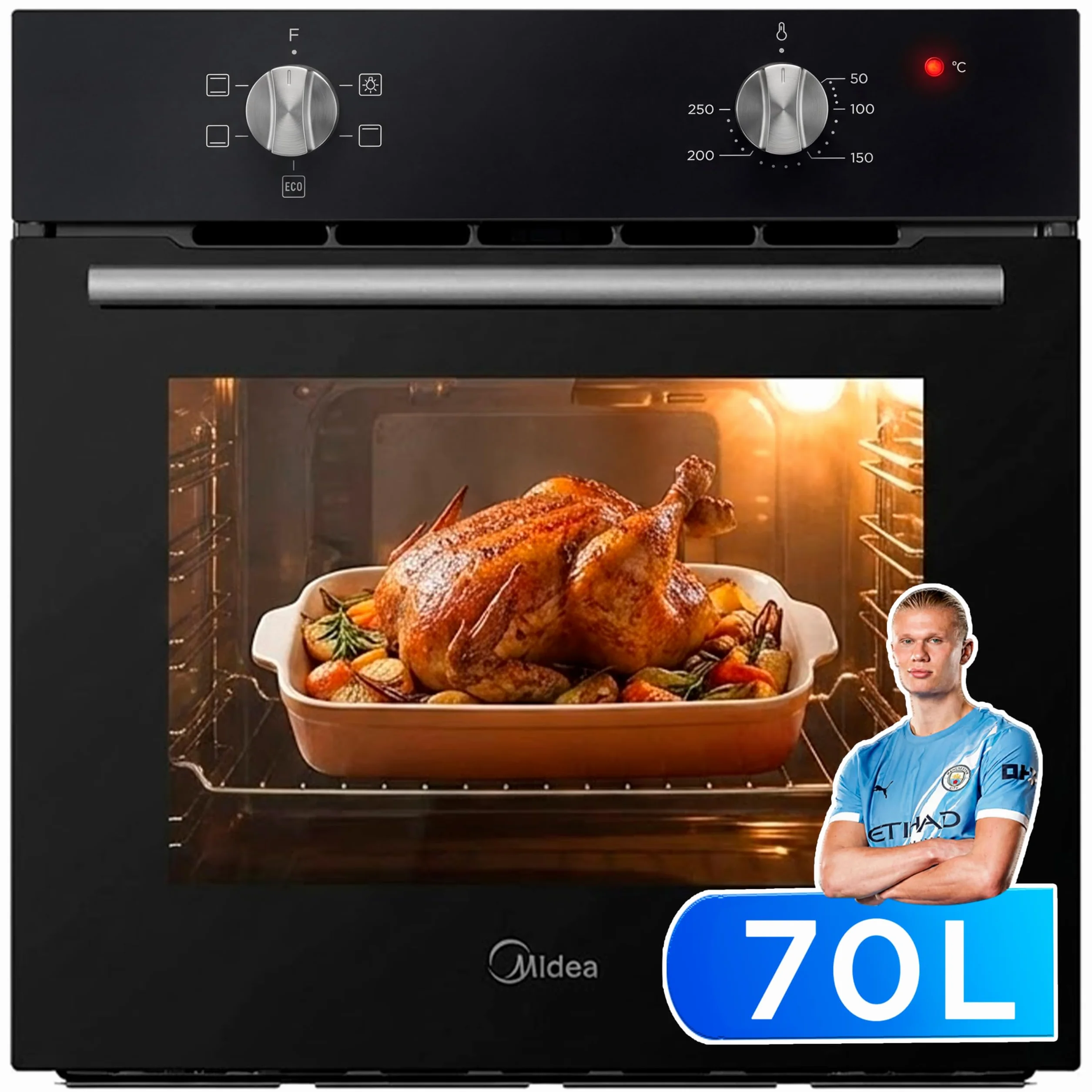 Midea Horno Electrico Empotrable Convencional de 70L y 2100W - Horno Integrable Negro con 4 funciones, Modo ECO - Hornos con Luz Led de Bajo Consumo, Puerta Doble Cristal, Bandeja Universal, y Rejilla