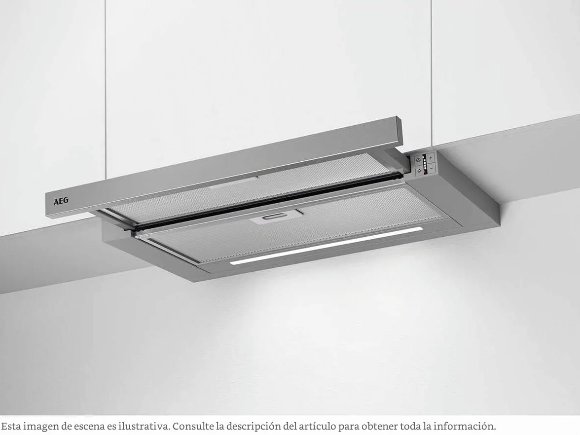AEG DPE5660M Campana extractora extraíble, 60 cm, 3 velocidades + intensivo, Potencia hasta de 660 m3/h, Nivel de ruido de 60 dB(A), Panel incluido, Luces LED, Inox, Clase A