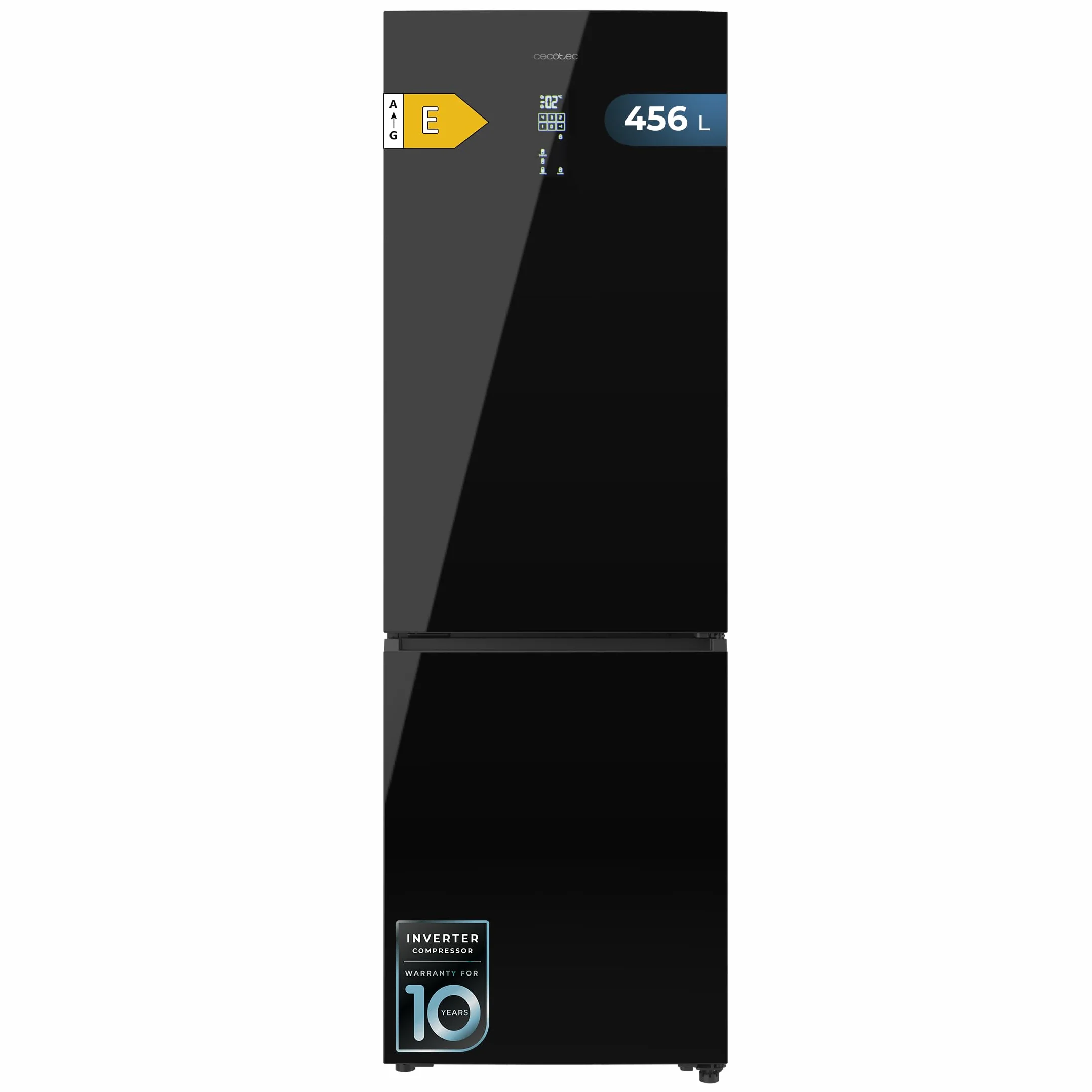 Cecotec Frigorífico Combi Total No Frost Bolero CoolMarket Combi 456 Black Glass E, 456 L, Alto 201 cm y 59,5 cm Ancho, MAX INSIDE con VIP tech, Compresor Inverter Plus, Botellero y Bandejas Cristal