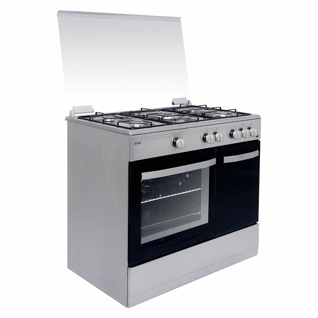 Svan Cocina Gas Butano 5 Zonas de Cocción, Horno 59 L, Inox SKGW5901PBX. Control Manual, Quemador WOK triple llama, 2 Programas de Cocción, Compartimento Bombona, Cristal en Puerta de Doble Capa