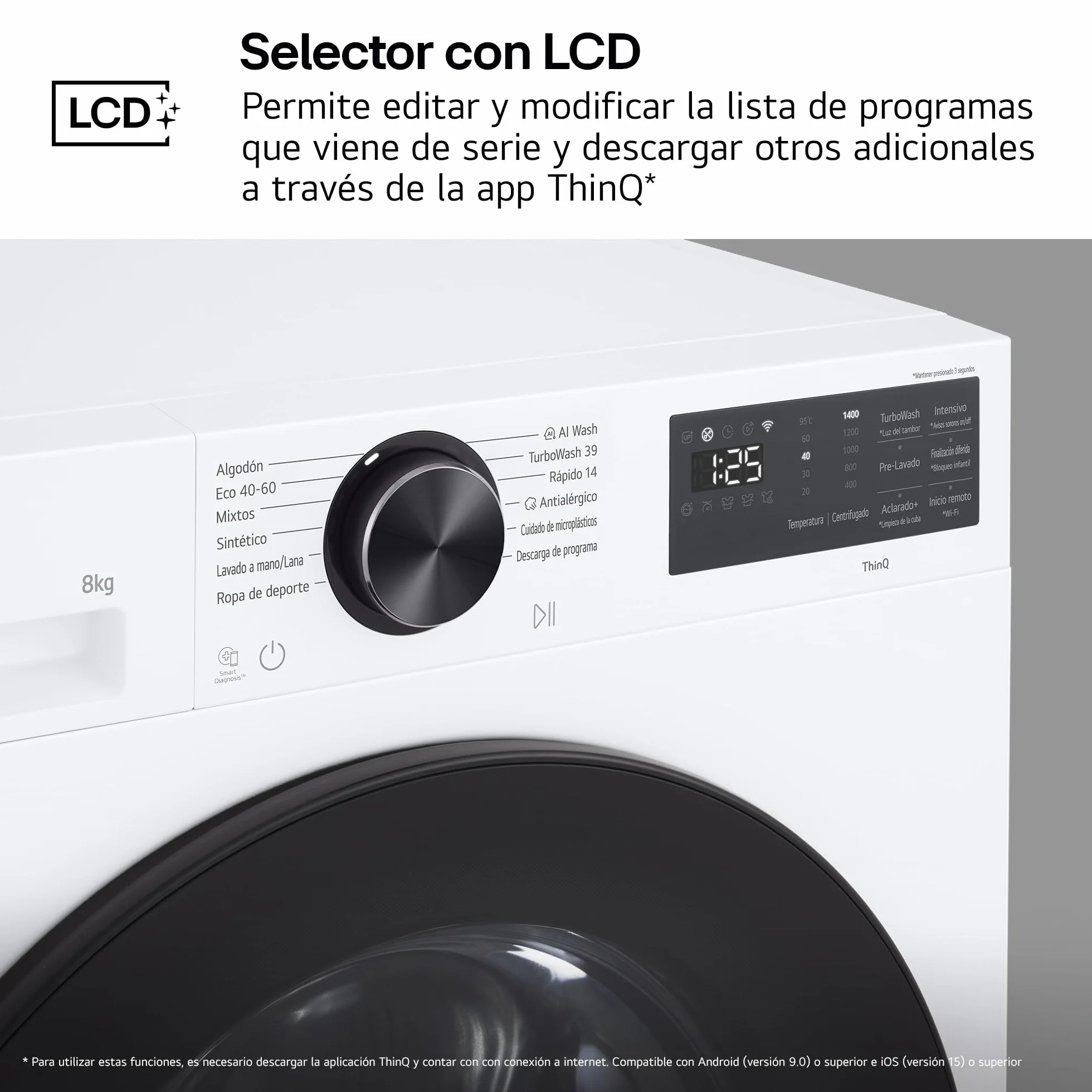 LG Lavadora Inteligente 9 kg AI Direct Drive TurboWash 360º 1200 rpm Fondo Reducido Vapor Steam Motor Inverter Display LED Serie 500 Blanco