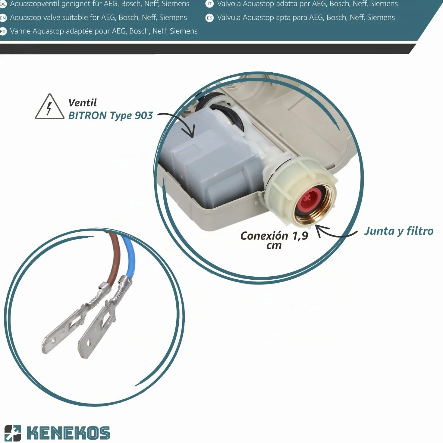 Kenekos - Kit de reparación de la válvula aquastop para la manguera aquastop, Bitron tipo 902 compatible con Bosch/Siemens, como 00263789/263789 con conexión de tornillo de 3/4 de pulgada
