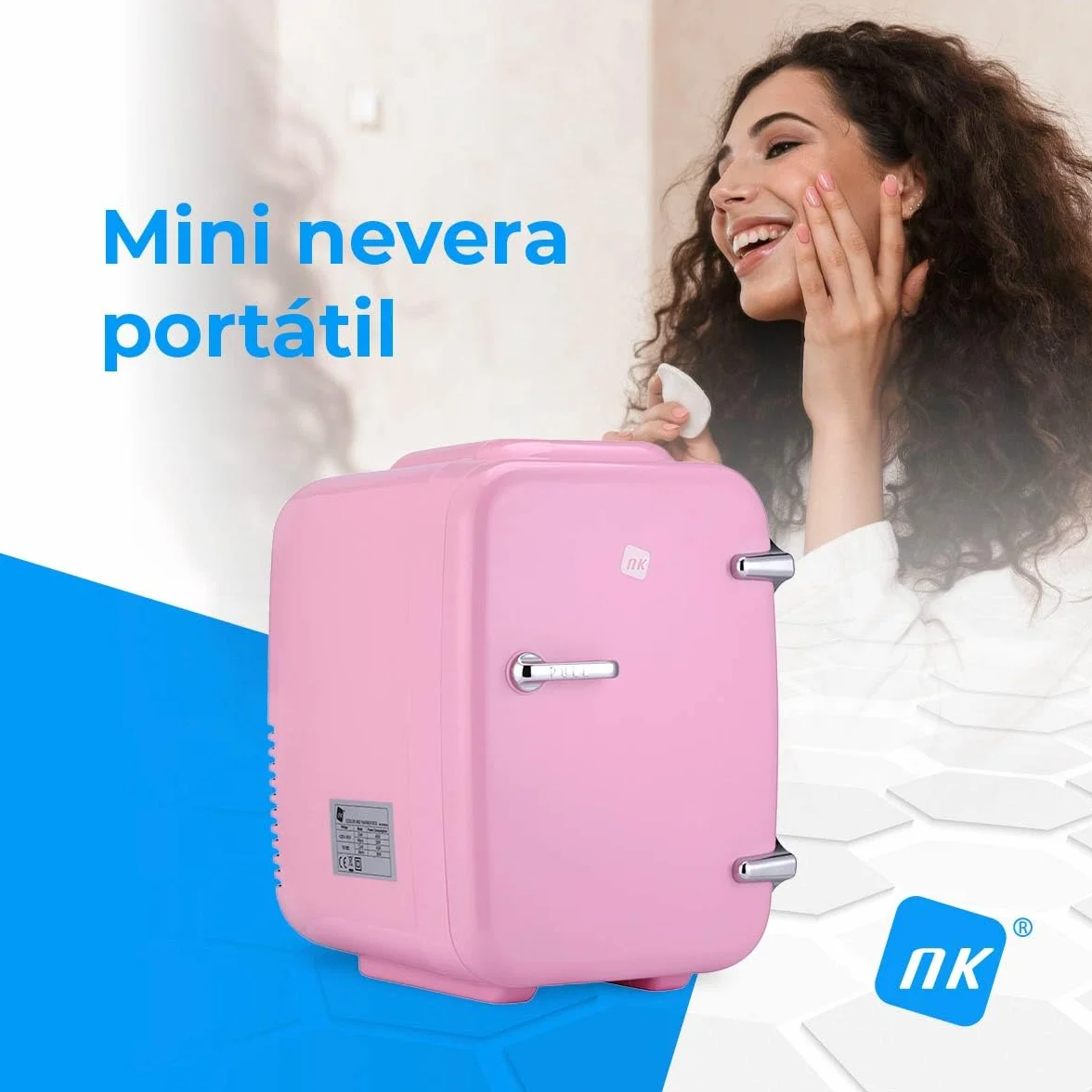 NK Mini Nevera Portátil, 4 Litros de Capacidad, Funcionamiento 12V-220V, Función Enfriamiento y Calentamiento, Para Cosméticos y Refrescos, Rosa