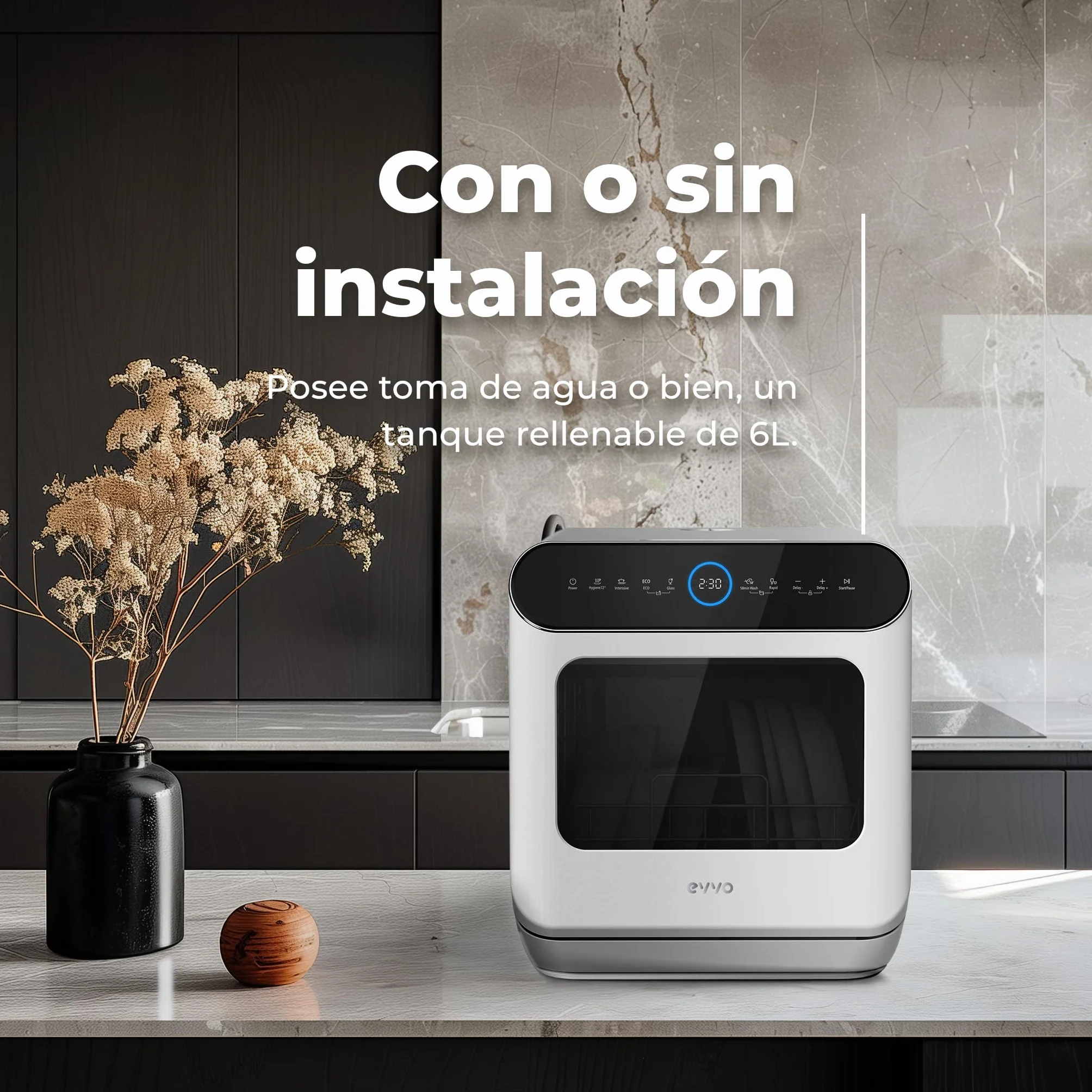 EVVO Lavavajillas Tamaño Pequeño Compacto y Sin Instalación, Para Sobremesa o Encimera, 3 Servicios, 6 Pogramas, Secado Extra, Programa ECO, Programa Autolavado, Programable, Mini D Trip 2 (Blanco)
