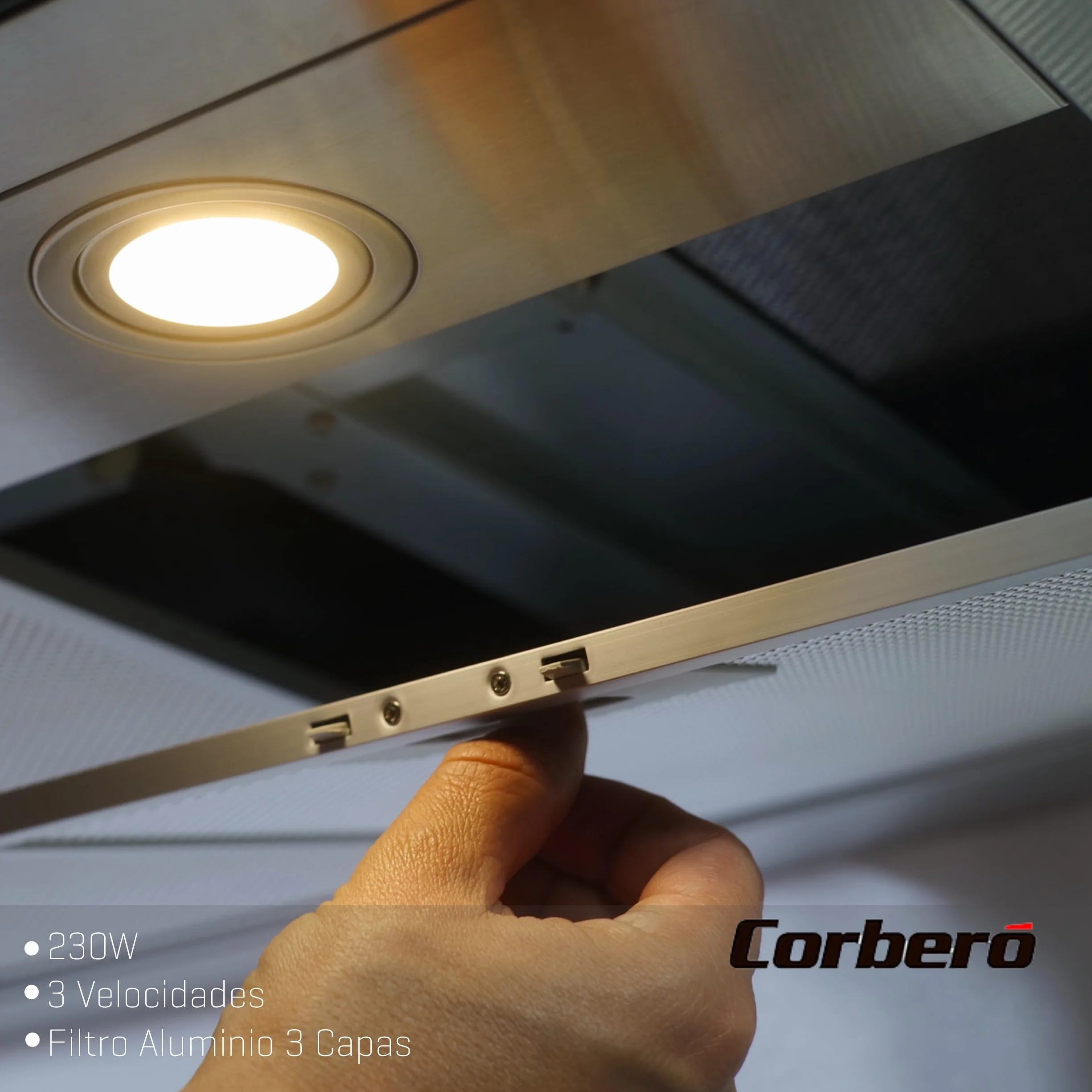 Corberó - Campana Decorativa Horizontal | NANGA975XB | 90 cm | Caudal 750 m3/h, 230W, 3 Velocidades, Filtro Aluminio 3 Capas, Filtro Carbón | Eficiencia Energética A | Negro