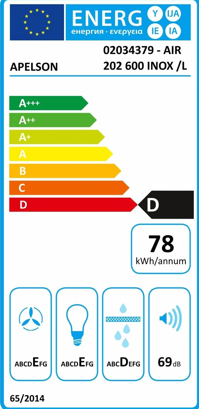 APELSON AIR 202 Campana Extractora Telescópica 60 cm Inox, 2 Motores, 325 m³/h, Iluminación LED, Filtros Lavables, Clase Energética D