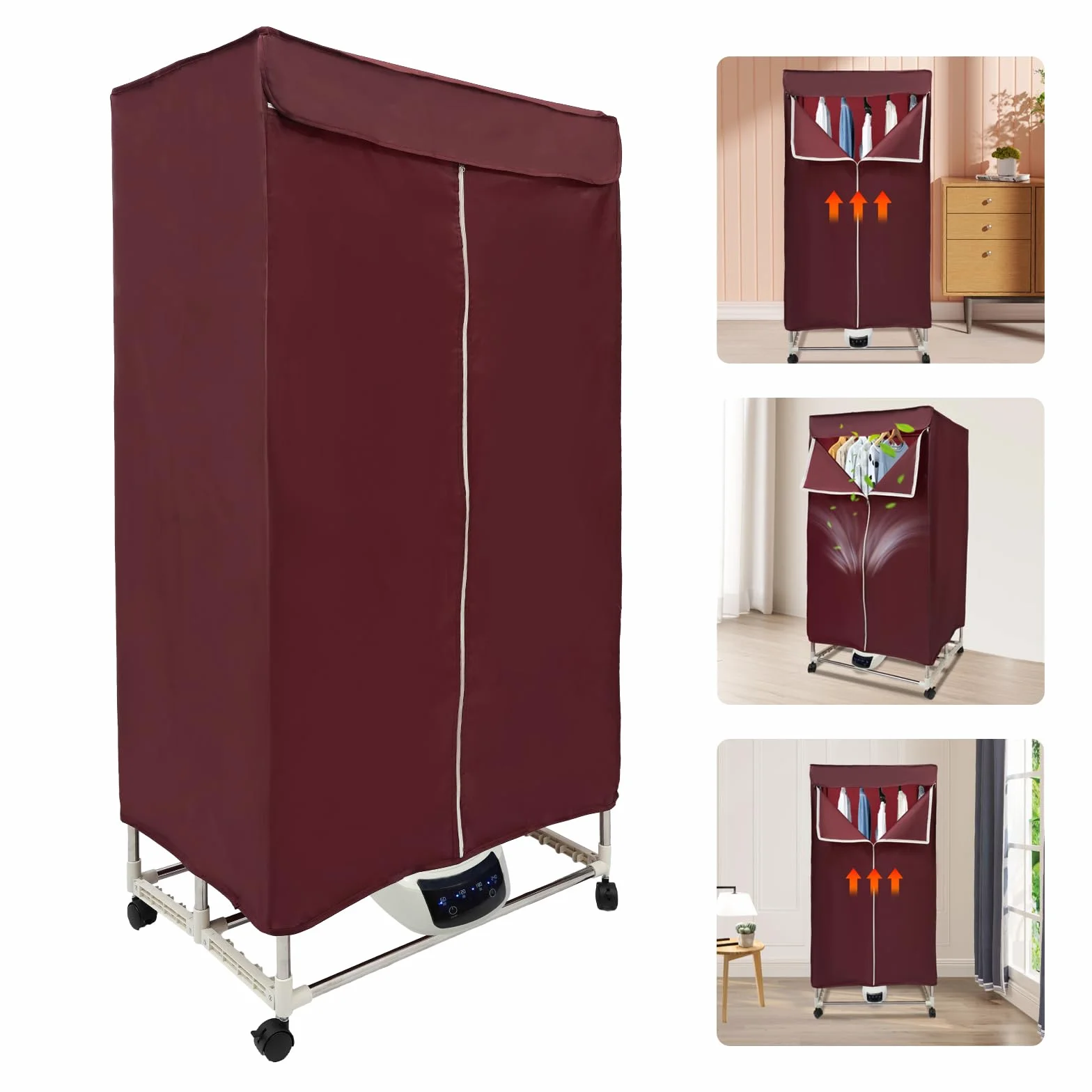 Secadora de Ropa Eléctrica 1500 W Con Temporizador y Cubierta Exterior, Plegable, Armario Portátil, Aire Caliente, Para Hoteles, Apartamentos, Dormitorios (Burdeos)