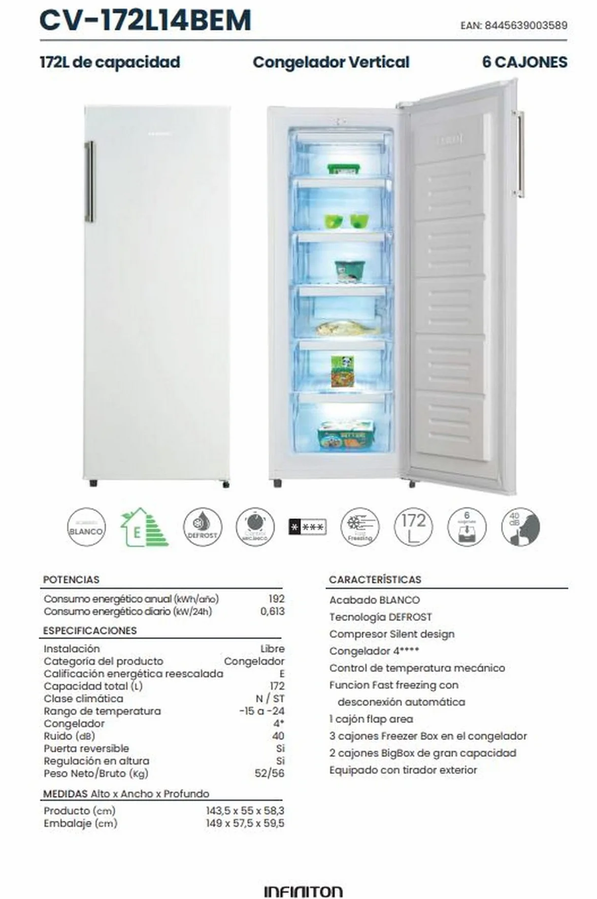 INFINITON Congelador Vertical CV-172L14BEM 172 Litros 143.5 cm Blanco