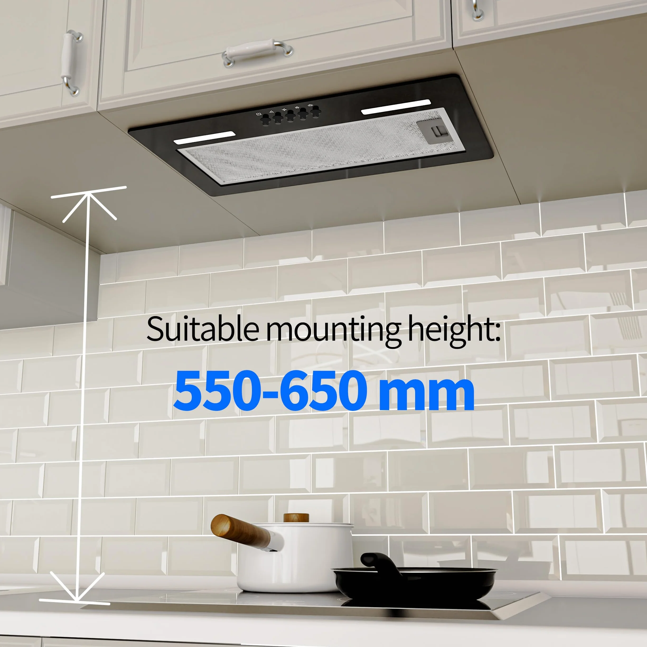 FIREGAS Campana Extractora Incorporada 52 cm,Campana de Cocina Negra con 3 Niveles de Potencia, 350 m³/h, Modo de Circulación de Aire, Filtro de Aluminio y Carbón