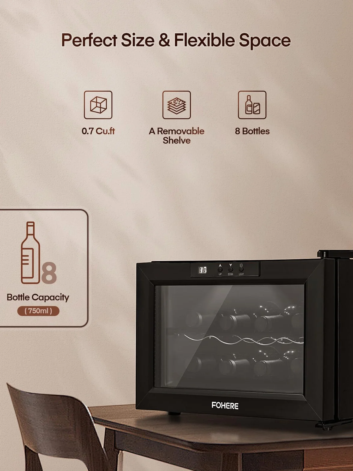 FOHERE Vinoteca de 8 botellas, frigorífico de mesa con puerta de vidrio, 22 litros LED + pantalla digital, frigorífico para bebidas con puerta de vidrio, 8-18 °C, zona única
