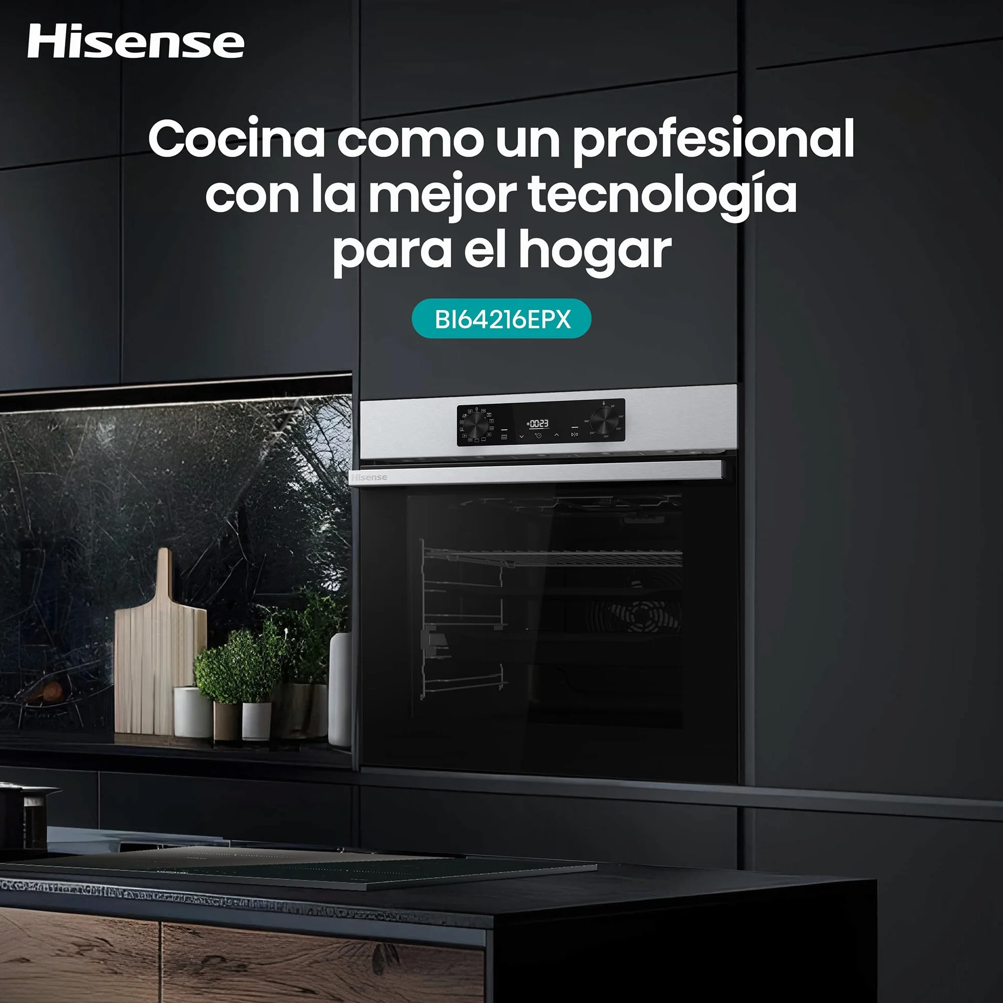 Hisense BI64216EPX - Horno Multifunción Pirolítico, Clase A++, 78L, Fondo 57cm, Guía Telescópica, Calentamiento Rápido, Apertura Y Cierre Suave de Puerta, Air Fry, Modo Pizza, Modo Congelados, Inox