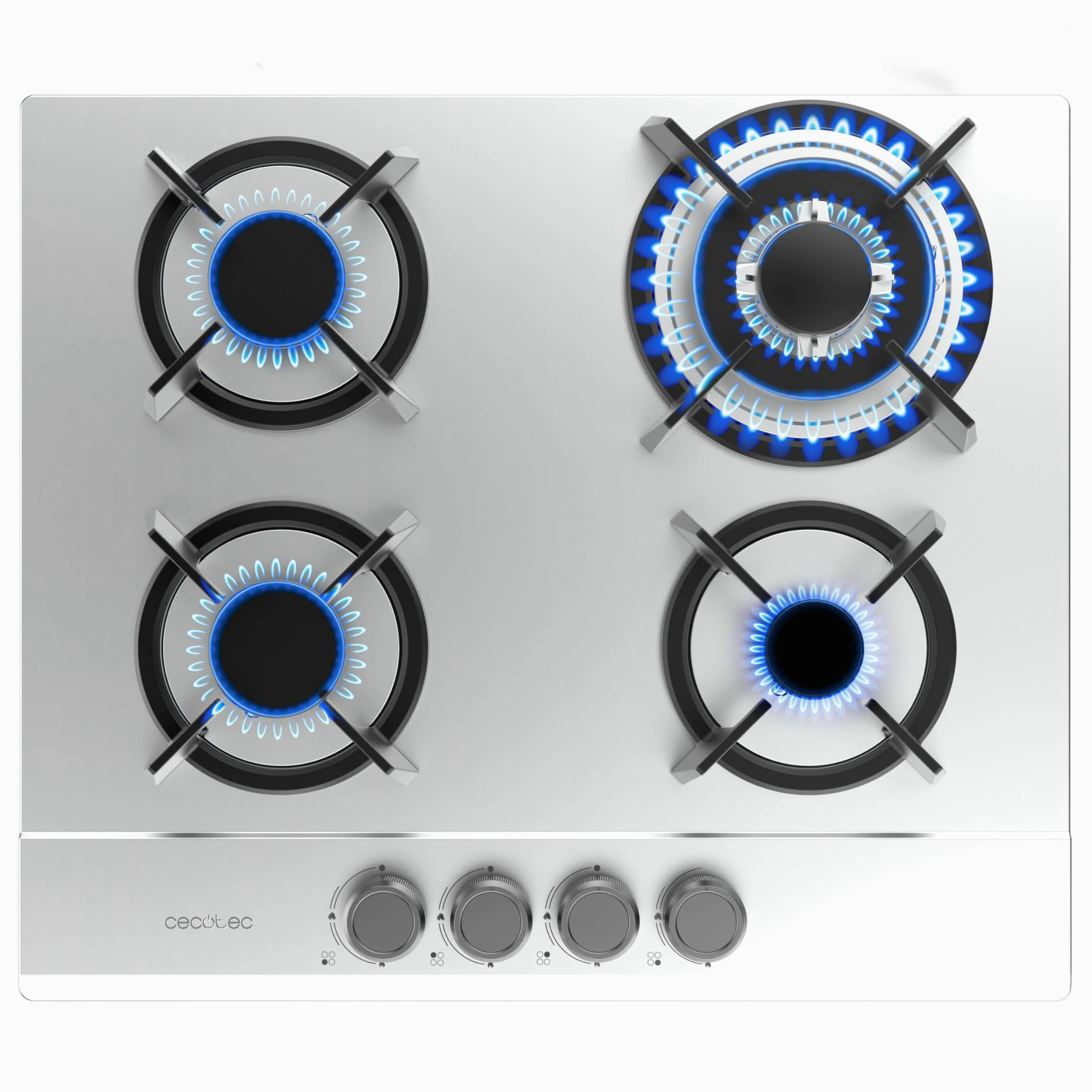 Cecotec Placa de Gas Butano y preparada para Gas Natural 4 Fuegos Bolero Squad G 4200S Inox. 8000W. Acero Inoxidable, Parrillas Individuales Hierro Fundido, WOK Triple Corona, Encendido Eléctrico