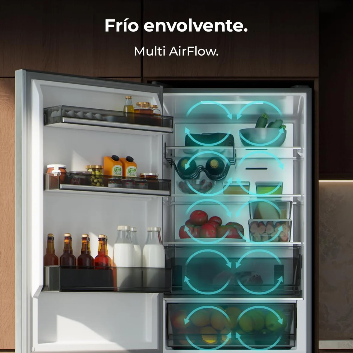Cecotec Frigorífico Combi 409L Total No Frost Bolero CoolMarket Combi 409 Inox C. Altura 185cm, MAX INSIDE con VIP Tech, Compresor Inverter Plus, Bajo Consumo, Cajón Temperatura Variable, Inox