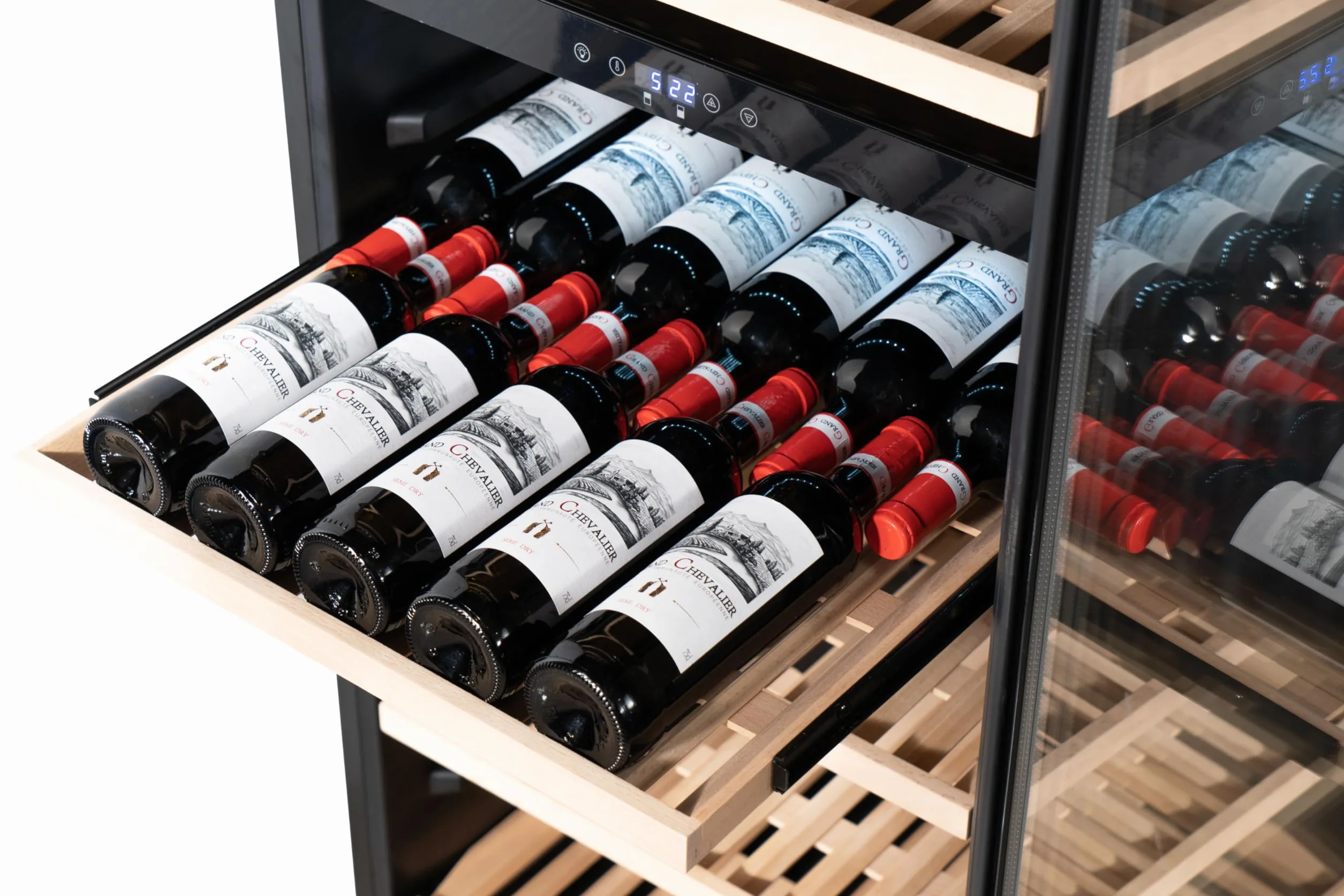 METRO Professional Vinoteca GWC1171D, acero inoxidable/vidrio, 8 estantes de madera, termostato digital, para 171 botellas de vino, con cerradura, negro/plateado