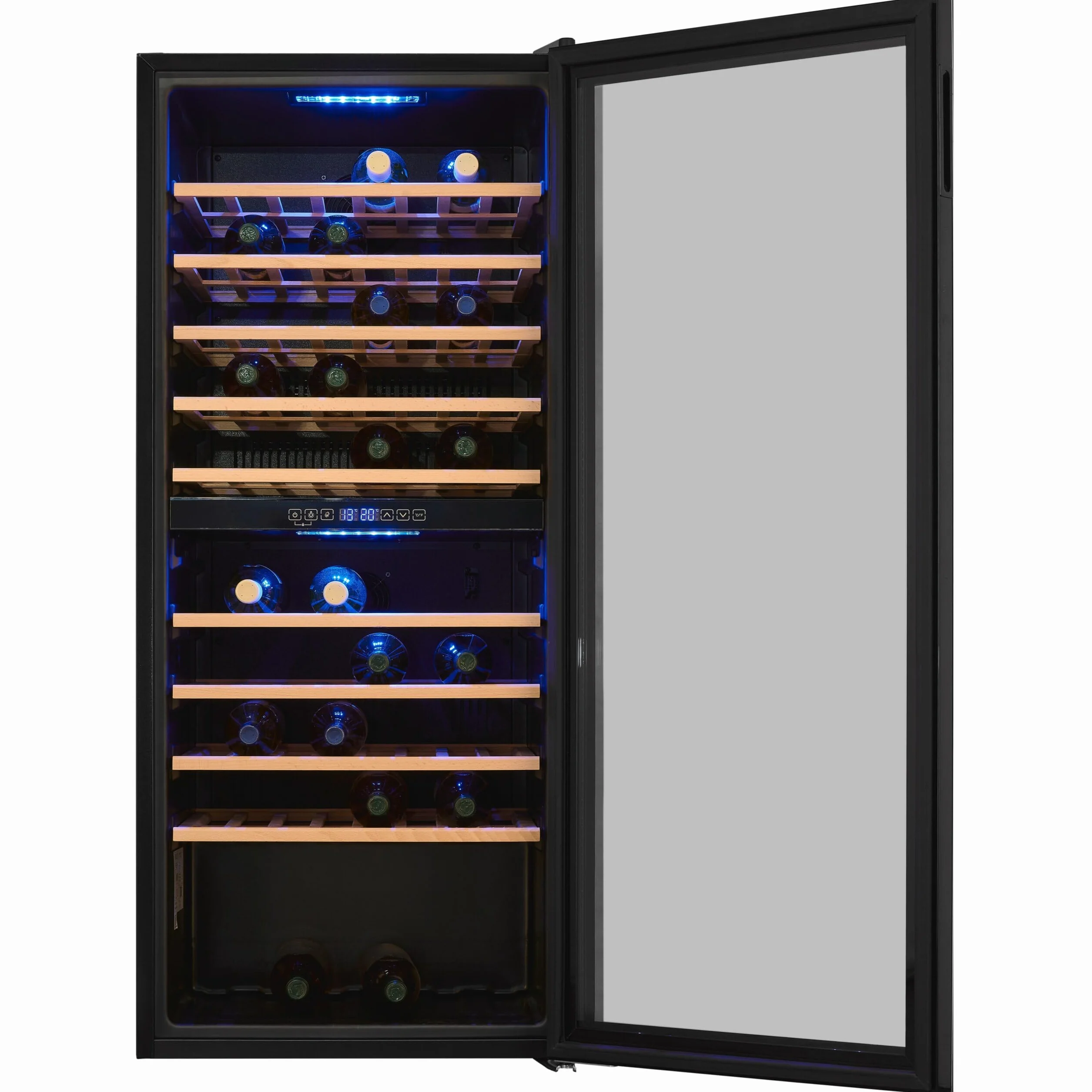 Exquisit® Vinoteca para 114 Botellas, 220L, Negro, Clase G, Dos Zonas de Temperatura 5-20°C, Control Digital LCD, Puerta de Cristal Reversible, Medidas (129,0 x 55,2 x 57,5 cm)