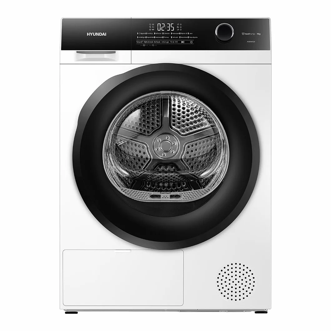 Hyundai Secadora Bomba Calor 9 Kg, Carga Frontal, Blanco, HSB900A2D. 700W, 14 Programas, Función Antiarrugas, Función Antiarrugas, Tambor Waterdrop, Eficiencia Energética Clase A++