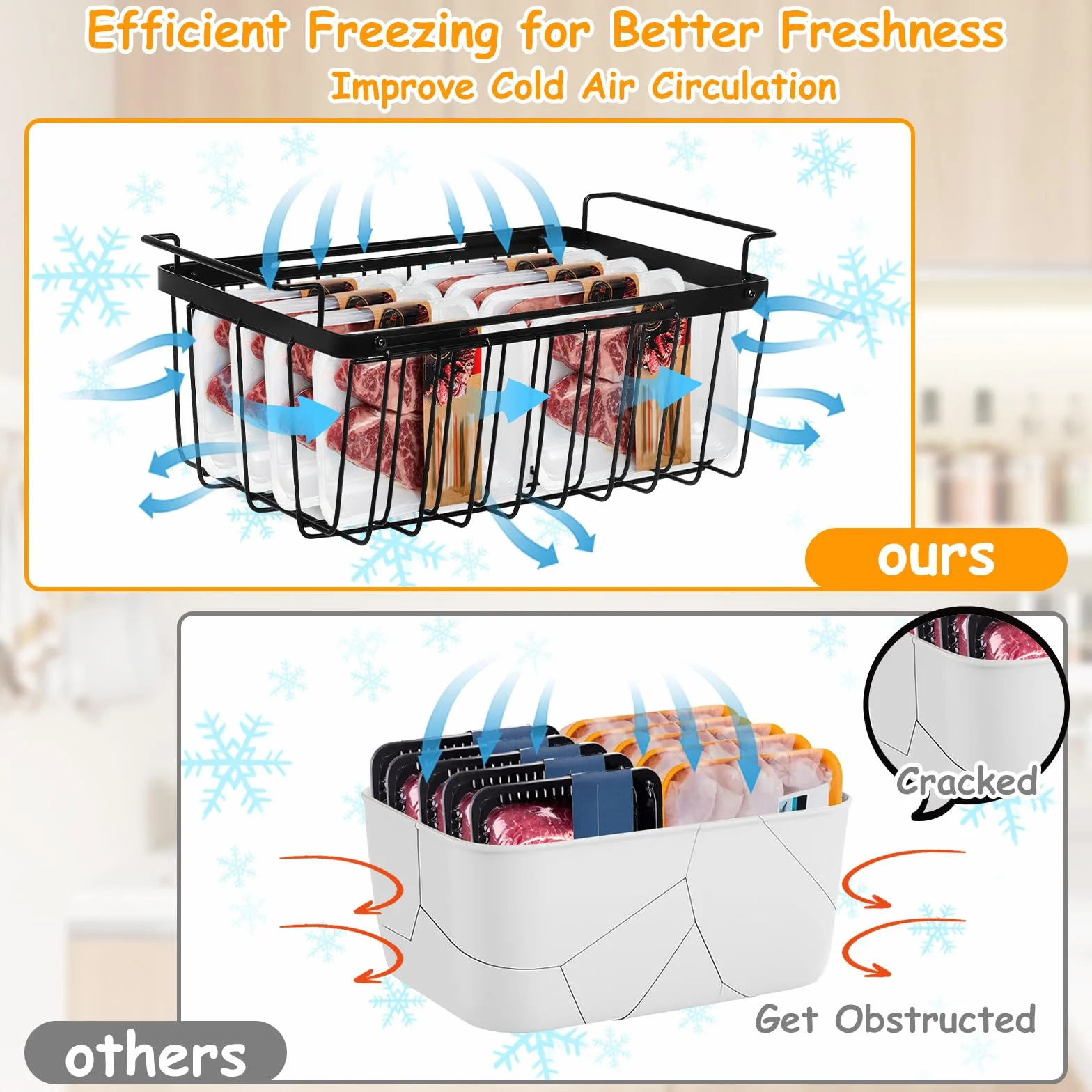 mumisuto 2 Piezas Cesta para Congelador Estirable, Longitud Ajustable de 39 cm a 59,5 cm, Organizadores Arcon Congelador con Asas, Congelador Caja de Almacenamiento, para la Mayoría de Congeladores