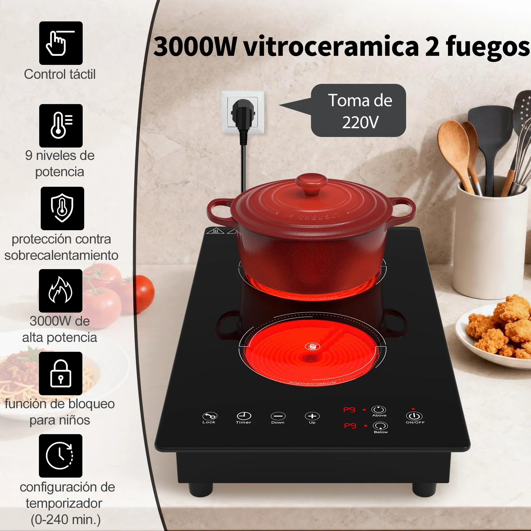 VBGK placa vitroceramica，220V 3000W placa de vitroceramica con control táctil LED, 9 niveles de potencia, bloqueo de seguridad infantil, temporizador de 4 horas y protección contra sobrecalentamiento.