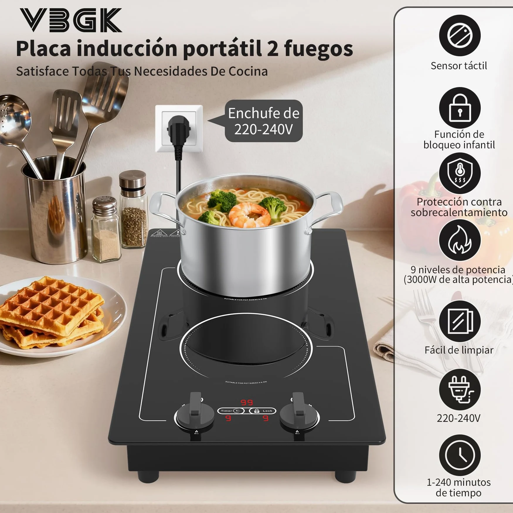 VBGK induccion 2 fuegos,220V 3000W placa induccion 2 fuegos con pantalla táctil LED, 10 niveles de potencia, bloqueo infantil y temporizador, protección contra sobrecalentamiento
