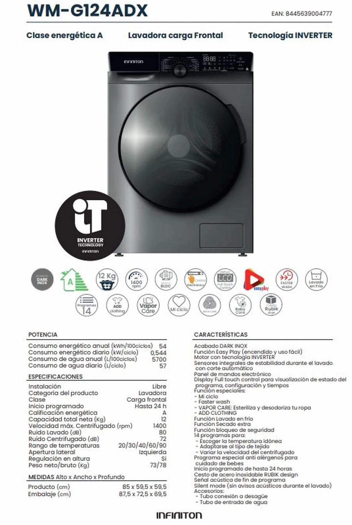 INFINITON Lavadora Carga Frontal WM-G124ADX, 12 kg, 1400 rpm, INVERTER, VAPOR CARE,ADD CLOTHING, 14 Programas, A, Silent mode, Inox
