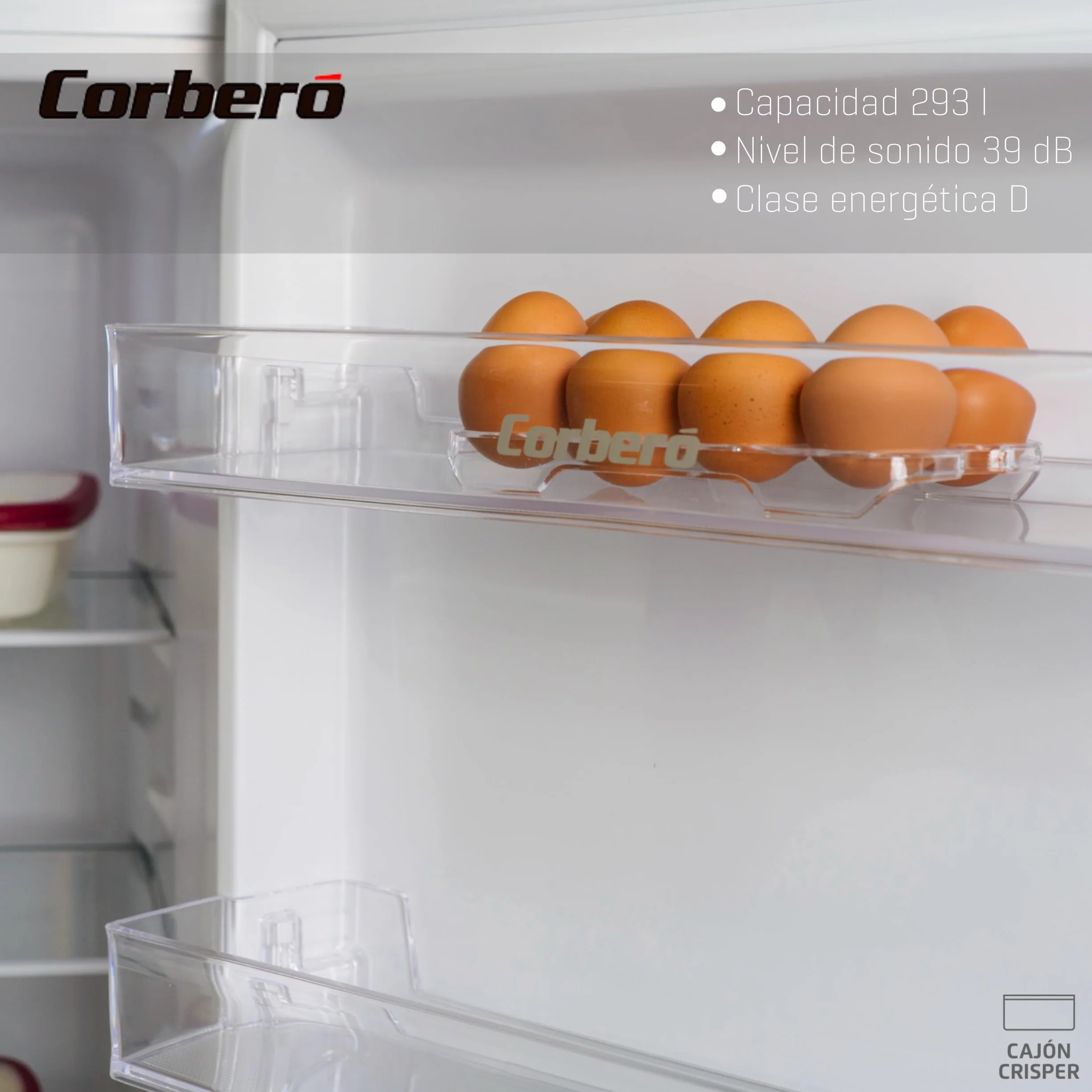 Corbero - Frigorífico Combi | CCH324EW | No Frost | 293L | 186 cm | Cajón Crisper | Estantes de cristal ajustables | Hueveras y Cubiteras | Luz Led | Blanco