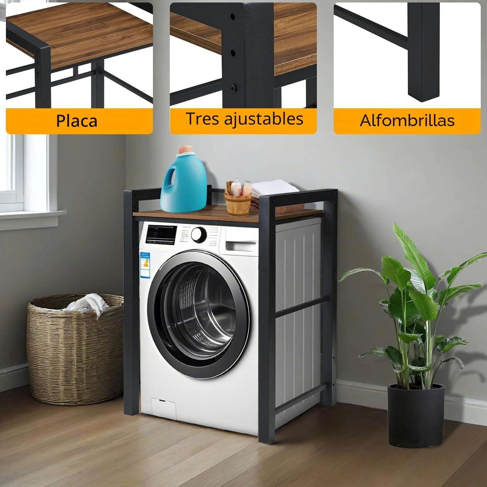 Mueble para Lavadora y Secadora, Soporte Estanteria Torre Lavadora Secadora, Kit de Apilado, Capacidad de Carga 350kg, 75 * 65 * 104cm Negro