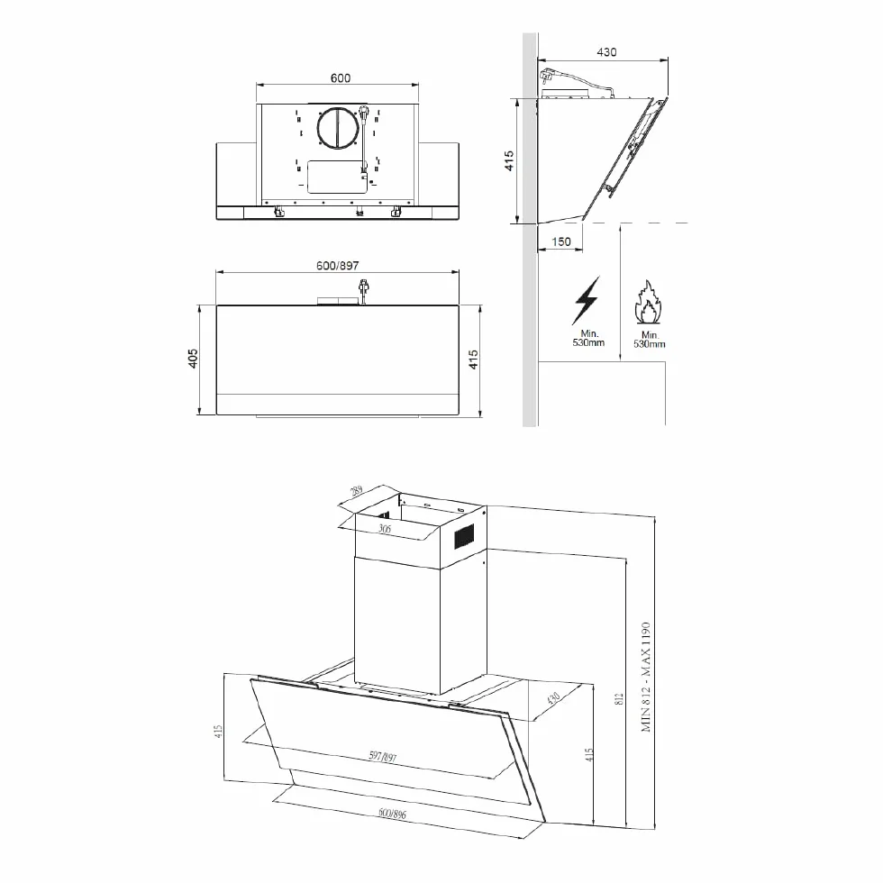 Hyundai Campana Extractora Inclinada 90cm Cristal negro HCPD900AN. Potencia 253m3/h, Tiro Doble, 4 Velocidades, Control Táctil, Filtro apto para Lavavajillas.