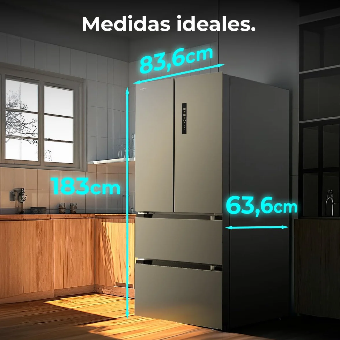 Cecotec Frigorífico puerta francesa Bolero CoolMarket FD 436 Dark E. Compresor Inverter Plus Frigorífico 4 Puertas Estilo Francés Dark 183X84Cm, 510L, No Frost, Clase Energética E, Metal Cooling