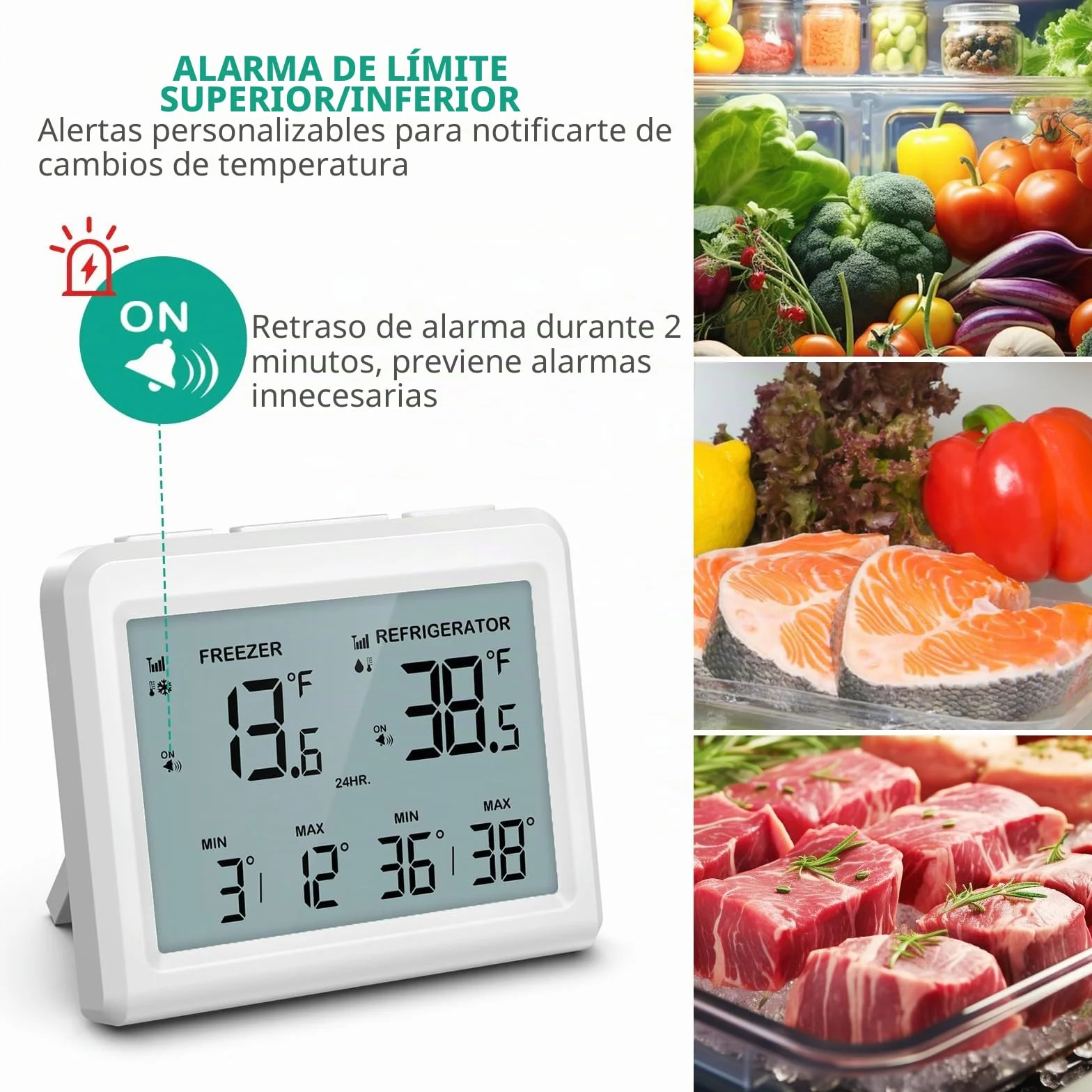 ORIA Termómetro Digital para Congelador, Termómetro para Nevera con 2 Sensores Inalámbricos, Pantalla LCD de 3,7", ℃/℉, Registro Min/Max, 2 Opciones de Montaje para Hogar y Restaurantes