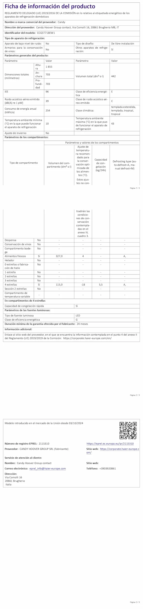 Candy Combi 70 CCG5T718EW1, Frigorífico Combi, 442L, Total No Frost Circle+, 3 Estantes, 4 Balconeras, 2 Cajones Verduleros, Control Digital Interno, Ancho 70 cm, Alto 185,5cm, Iluminación LED, Blanco