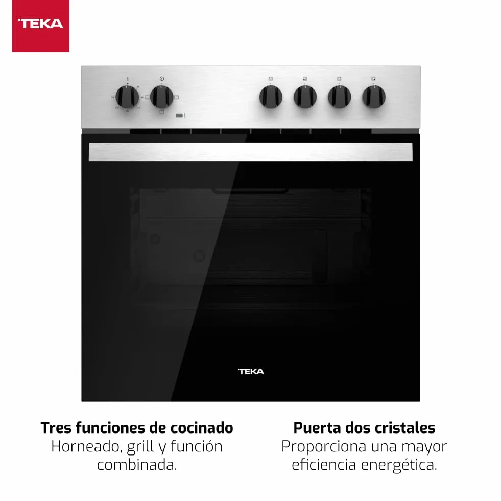 Teka HBE 435 ME - Horno Polivalente Convencional de 60 cm, 3 Funciones de Cocinado, Puerta 2 Cristales, Bandeja Profunda Esmaltada, Color Acero Inoxidable