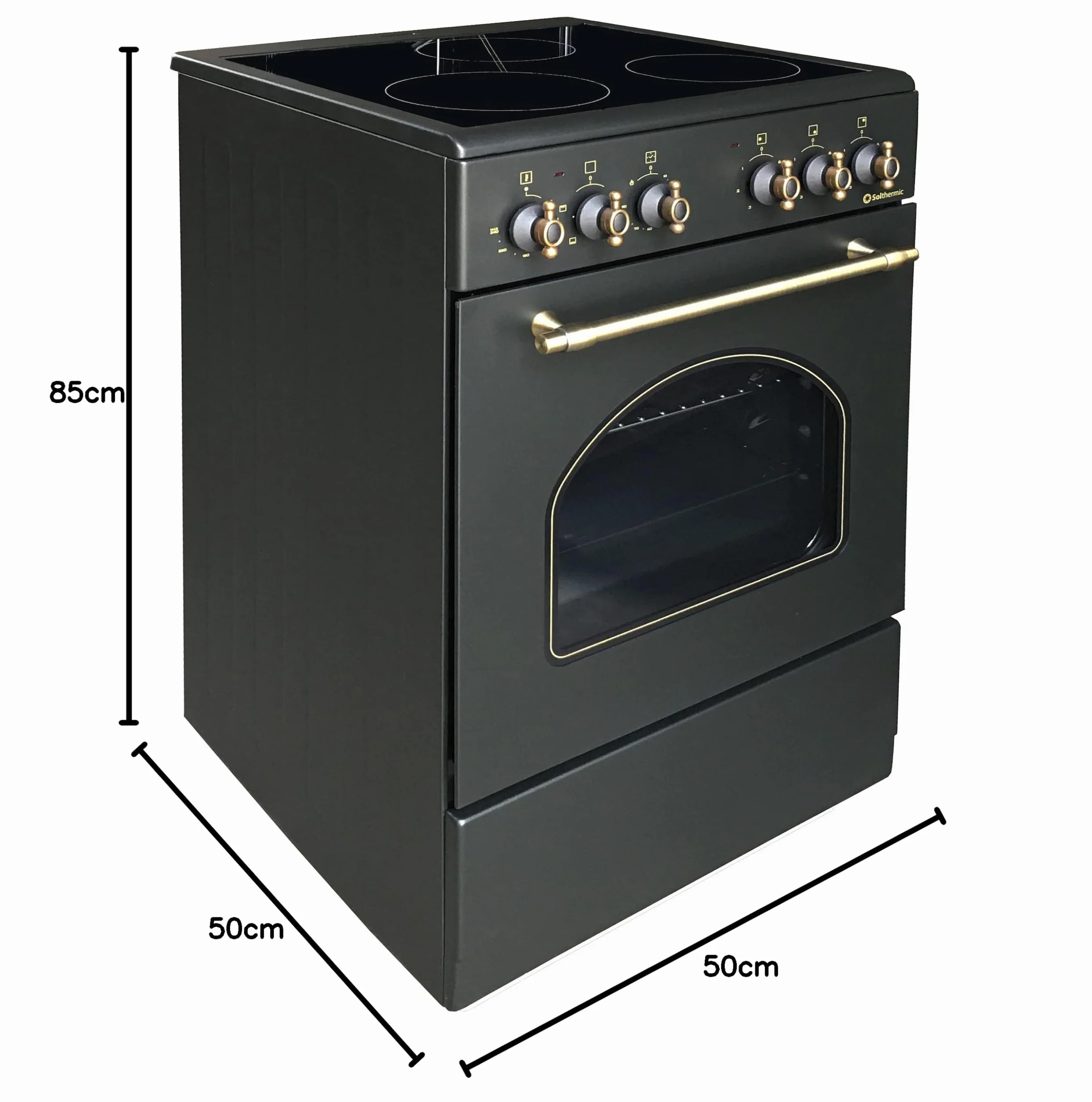 COCINA VITROCERÁMICA VTC50NEGRA CON HORNO ELECTRICO SOLTHERMIC NEGRA RÚSTICA ACABADOS DORADOS/50 CM ancho, 3 FUEGOS/HORNO ELECTRICO