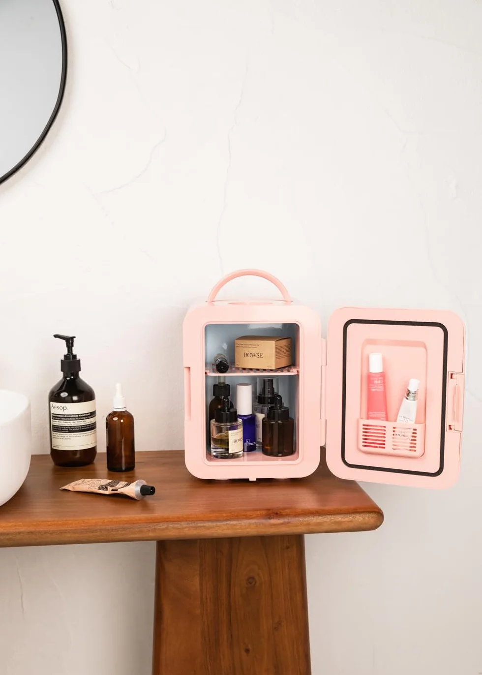 CREATE / FRIDGE MINI BOX/Mini frigorífico para cosméticos rosa pastel/Diseño retro, función frío y calor, capacidad de 4L, fácil de transportar, 48W