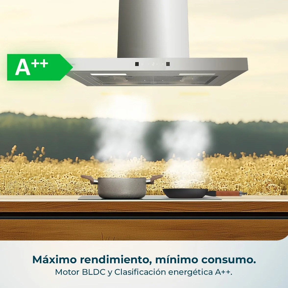 Cecotec Campana Extractora en forma de T Bolero Flux TT 604400 Inox A++, 60cm, 413,3m³/h de succión, Clase A++, Control Táctil Invisible, Hand Movement Control, Función Booster, Filtros Lavables