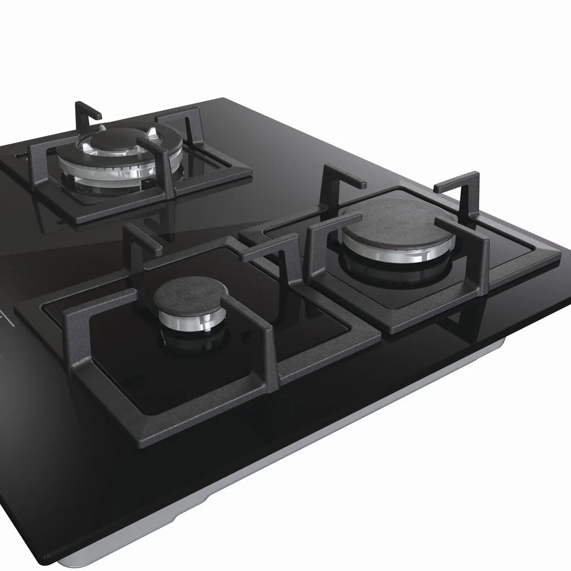 Hisense GG633B Placa de Gas Natural 60 cm 3 Zonas Parrilla Hierro Fundido Cristal Templado Negro Autoencendido GasStop