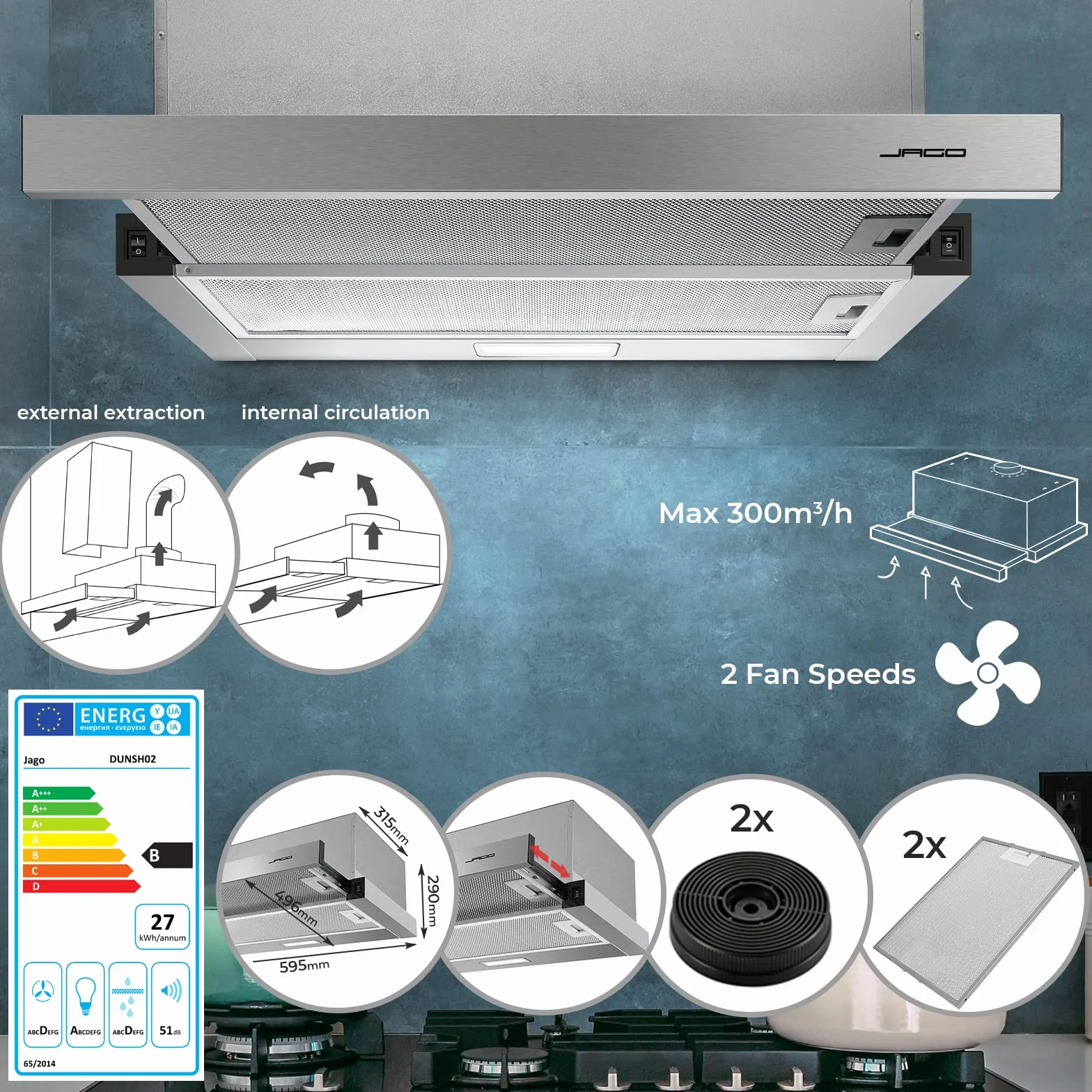 Jago® Campana Extractora Telescópica - Extractor de Recirculación y Conductos, 2 Velocidades, aprox. 300 m³/h, 59,5 cm, 2 Filtros de Carbón Activo, Acero Inoxidable - Placa de Cocción de Extracción