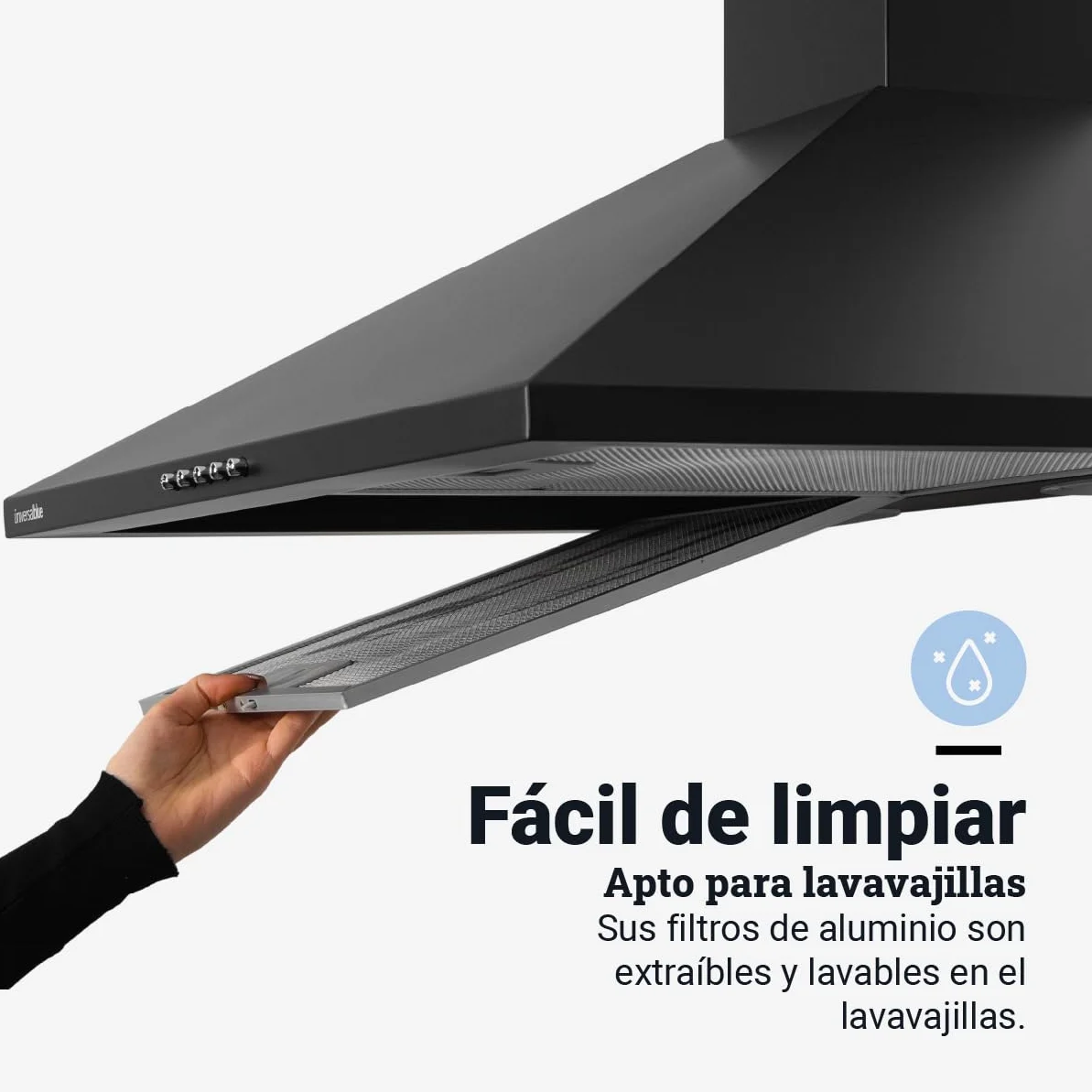 UNIVERSALBLUE Campana Extractora Piramidal Negra 60 cm | Extractor Aire y Humi para Cocina 350 m³/h | Luz Led + FIltros de Carbono | Clase B