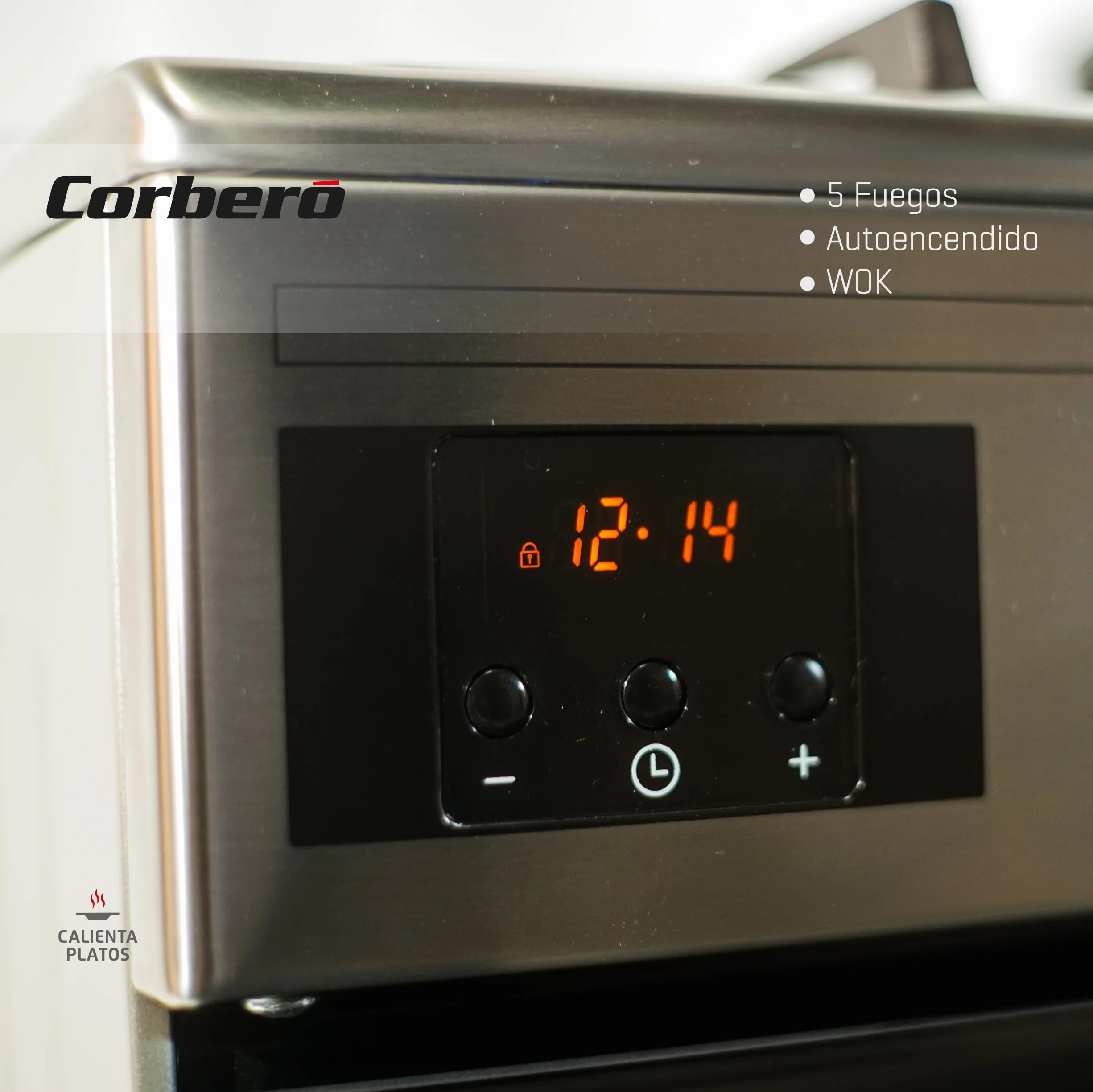 Corberó - Cocina de Gas Butano | CC900X | Horno 96L Panorámico | 5 Fuegos con Opción Wok | Autoencendido Integrado | Fácil Limpieza | Sin Tapa | Inox