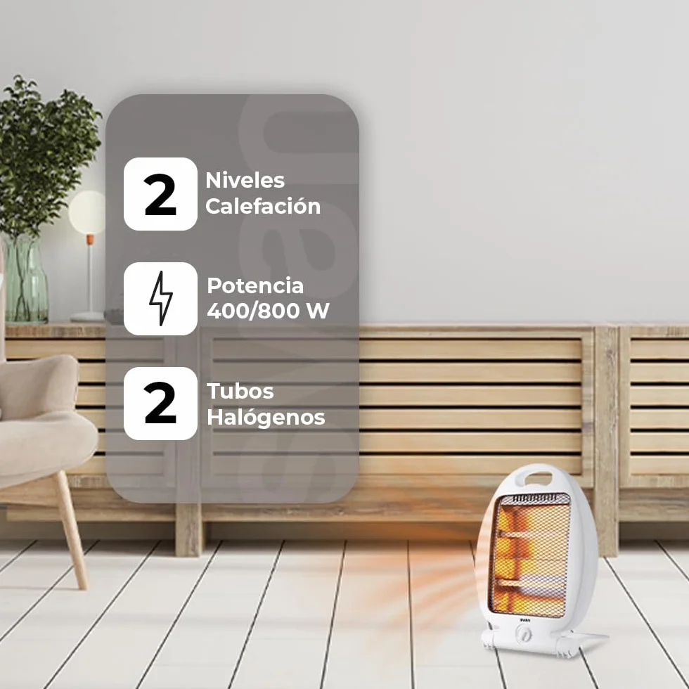 Svan Estufa Eléctrica Bajo Consumo Blanco, 2 Niveles de Potencia, SVCA603EH. 800 W. Termostato Regulable, Calefacción por Tubo halógeno, Soporte con Base