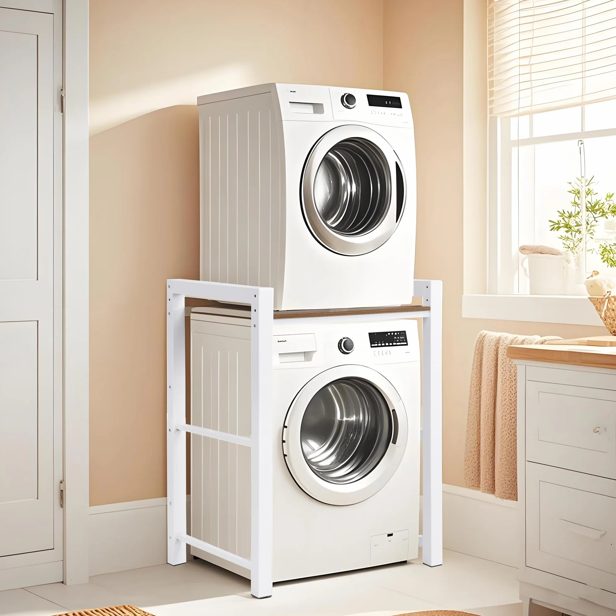 Estantería Lavadora, Soporte Secadora, Mueble para Lavadora y Secadora Ajustable en Altura de 3 Niveles, Capacidad de 300 kg para Baño, Cocina, Balcón, Lavandería, Blanco